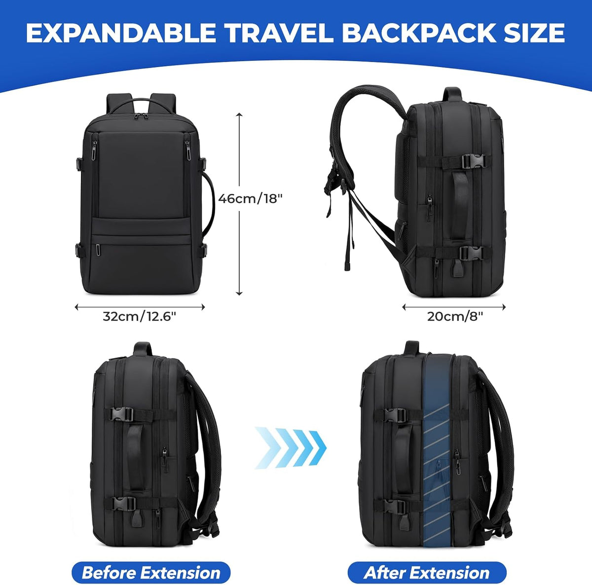 Rcrirth Carry On Travel Backpack Flight Approved for Men Women, Black