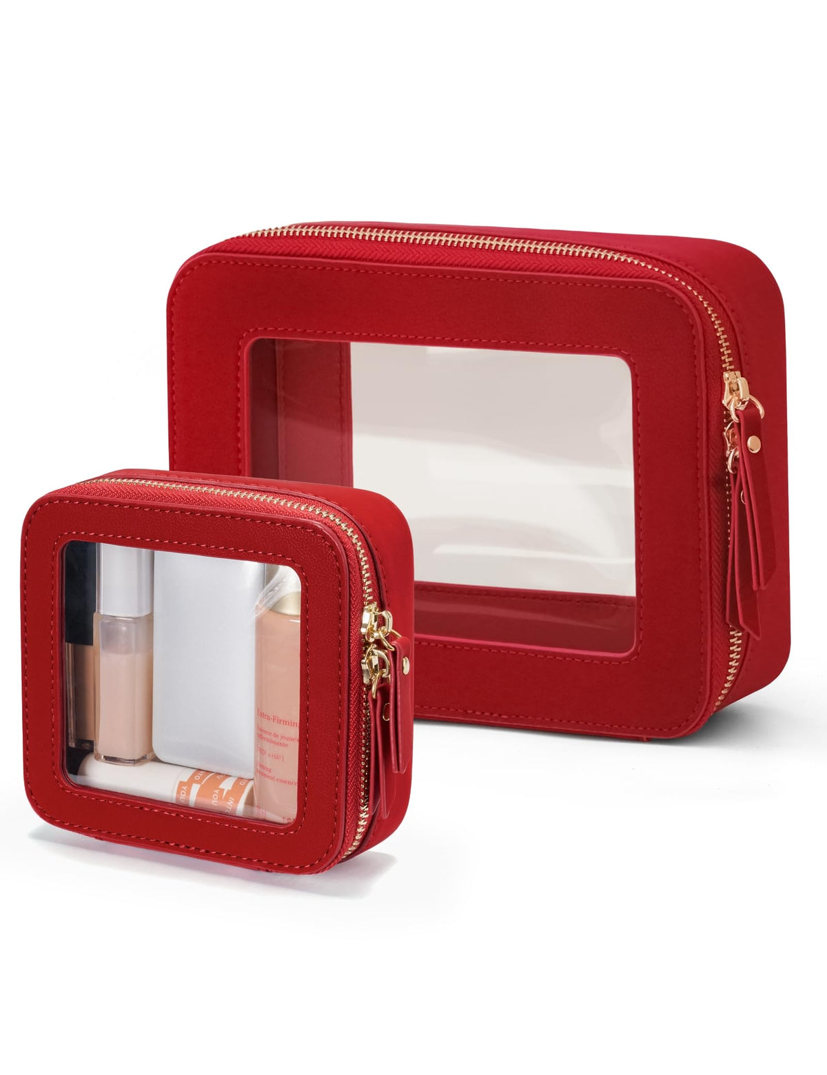 Popvibe Clear Makeup Bag Travel Cosmetic Case Transparent Toiletry Bag with Zipper, Portable Make Up Organizer Traveling Compact Car Bag for Essentials, Gold, Large