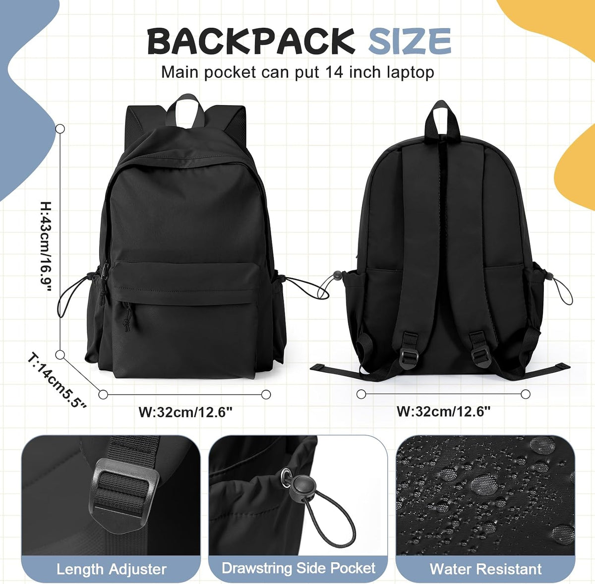 Black School Backpack for Girls Women Waterproof High School Book Bag Cute Backpack for Men Teens Boys, Lightweight Simple Middle School Back Pack Daypack