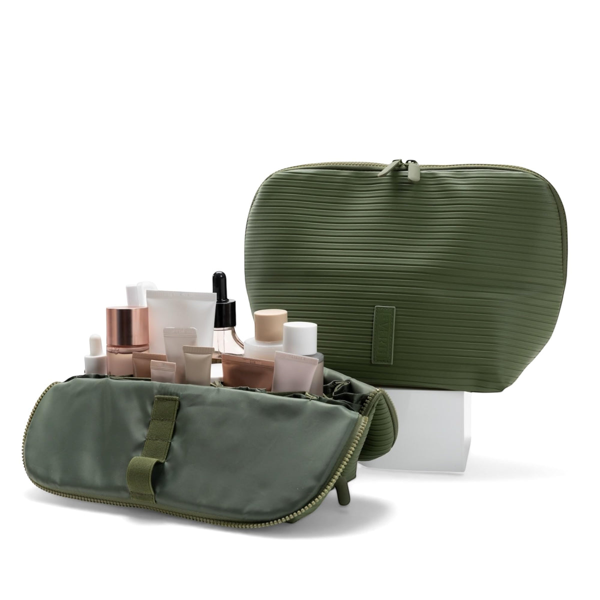 THE VERTI-Vertical Waterproof Makeup & Toiletry Bag | 23-Pocket Organizer with Upright, Fold-Down Design for Skincare, Toiletries & Essentials (Sandstone)