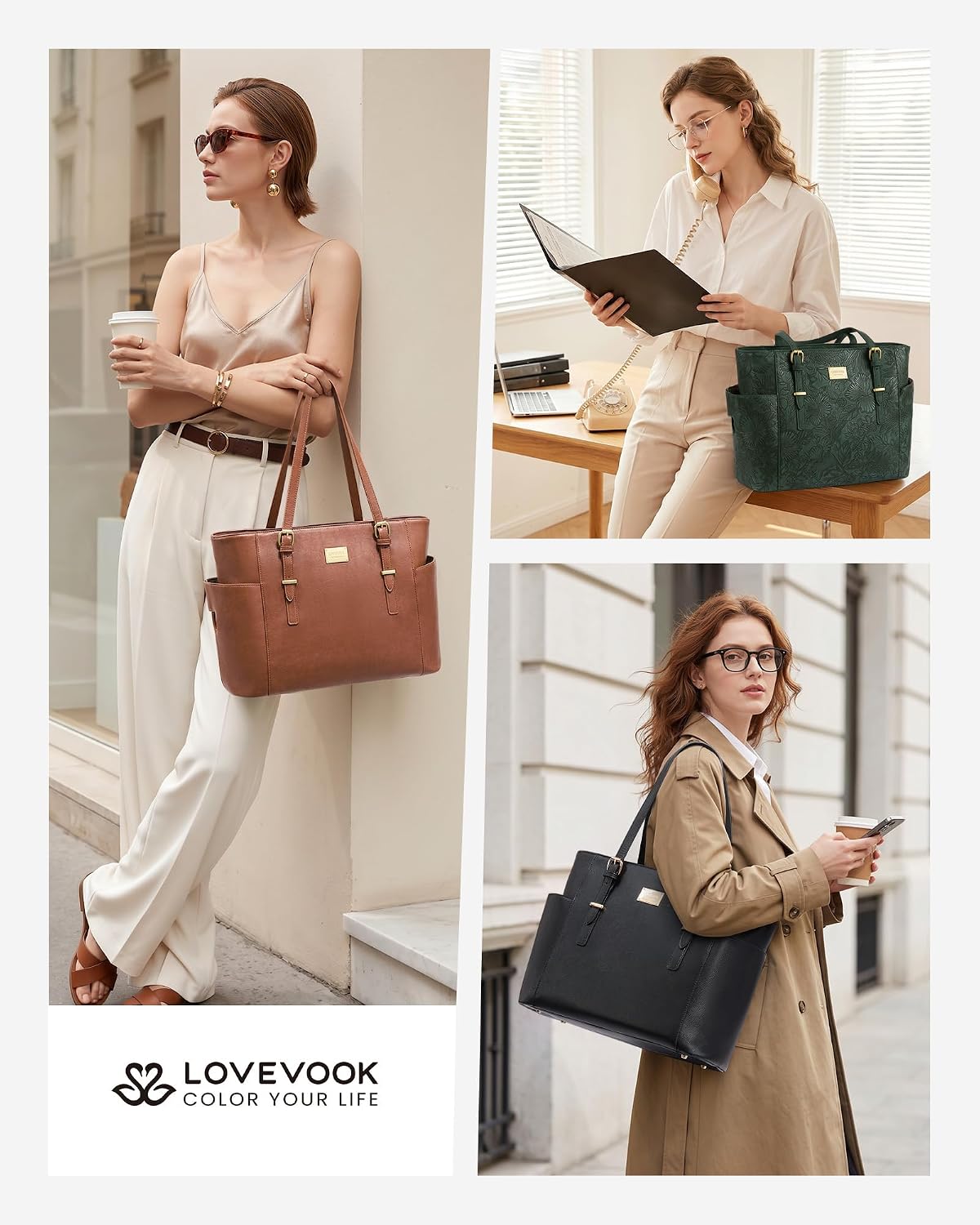LOVEVOOK Laptop Tote Bag for Women, Vintage Leather 15.6 Inch Work Tote with Large Water Bottle Pocket, Teacher Nurse Professional Computer Bag, Office Briefcase Handbag Gift, Brown