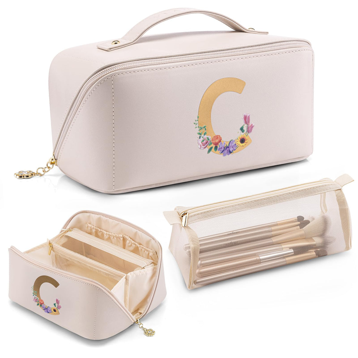 VLANDO Travel Makeup Bag with 180°Opening, Women Toiletry Case,Toffee