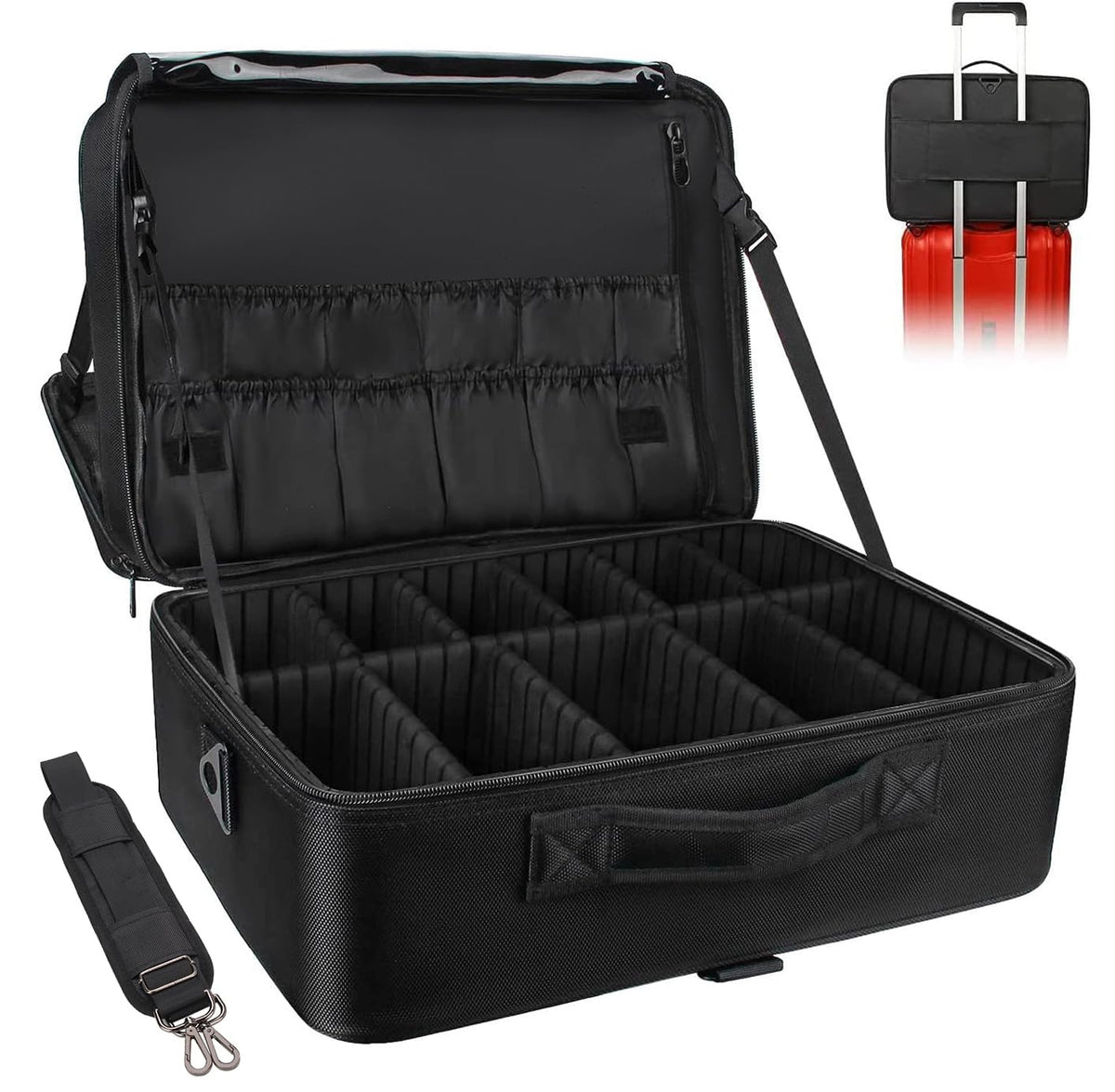 Relavel Extra Large Makeup Case, Makeup Artist Set Bag Professional Cosmetic Organizer Bag Storage Box with Makeup Brush Holder, Adjustable Dividers and Shoulder Strap, Black