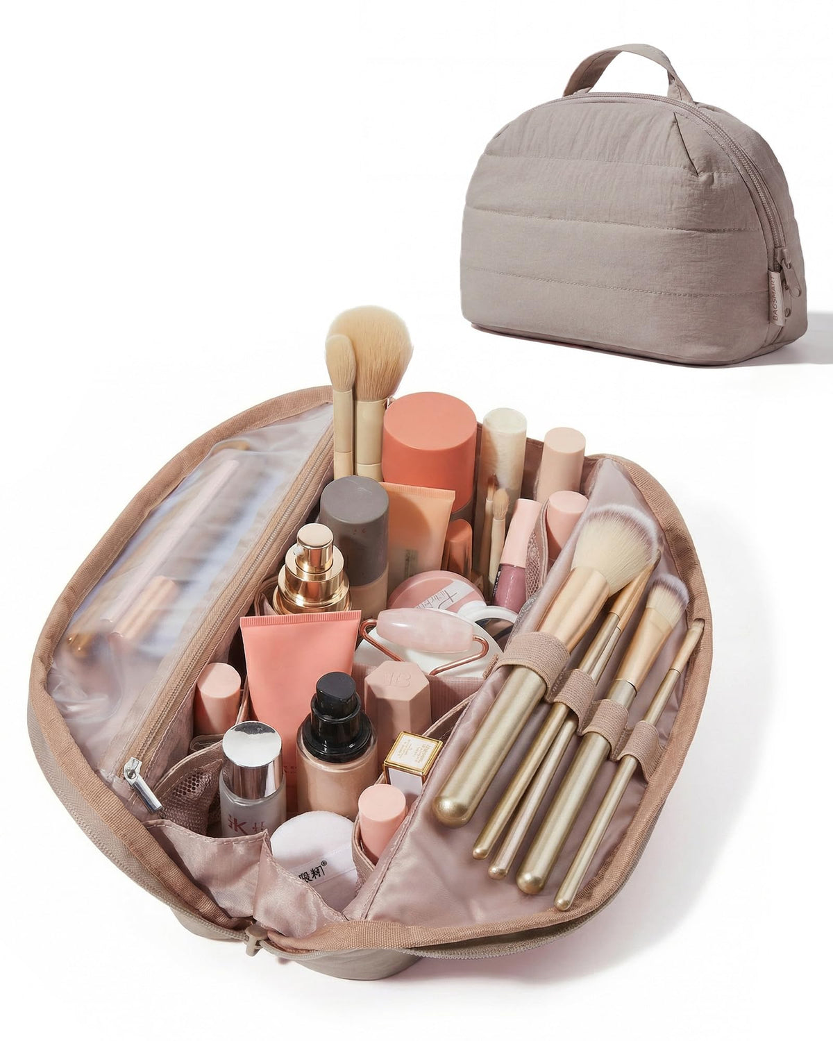 BAGSMART Travel Makeup Bag, Fold-Down Cosmetic Pouch for Women, Pink