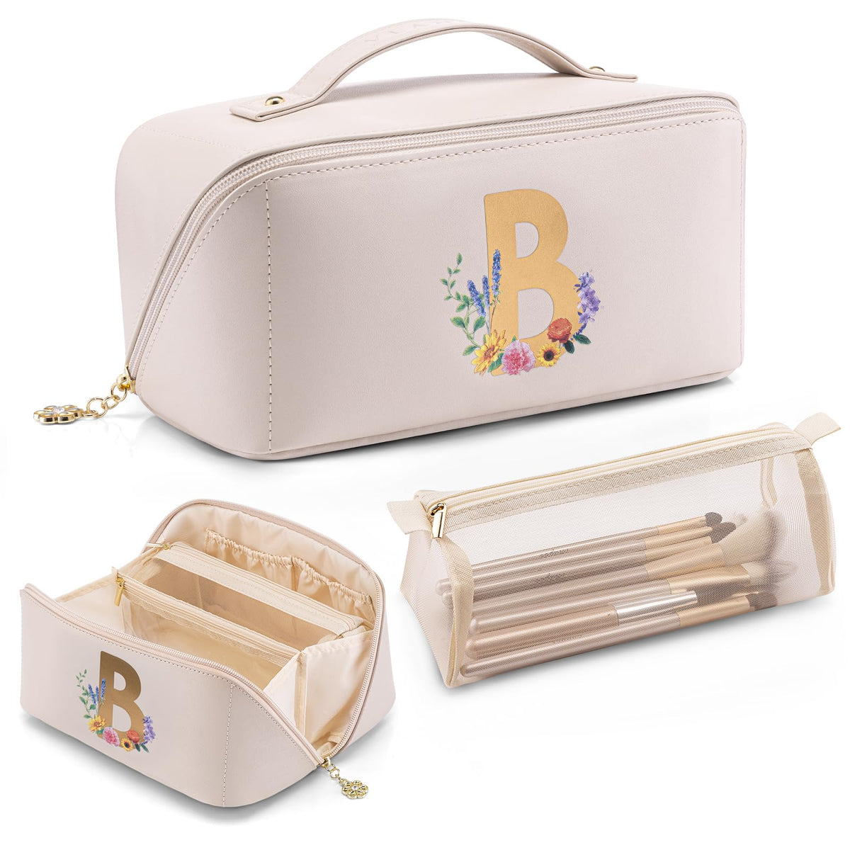 VLANDO Travel Makeup Bag with 180°Opening, Women Toiletry Case,Toffee