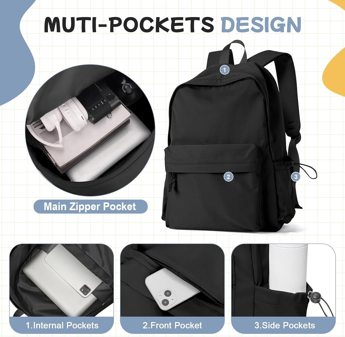 Black School Backpack for Girls Women Waterproof High School Book Bag Cute Backpack for Men Teens Boys, Lightweight Simple Middle School Back Pack Daypack