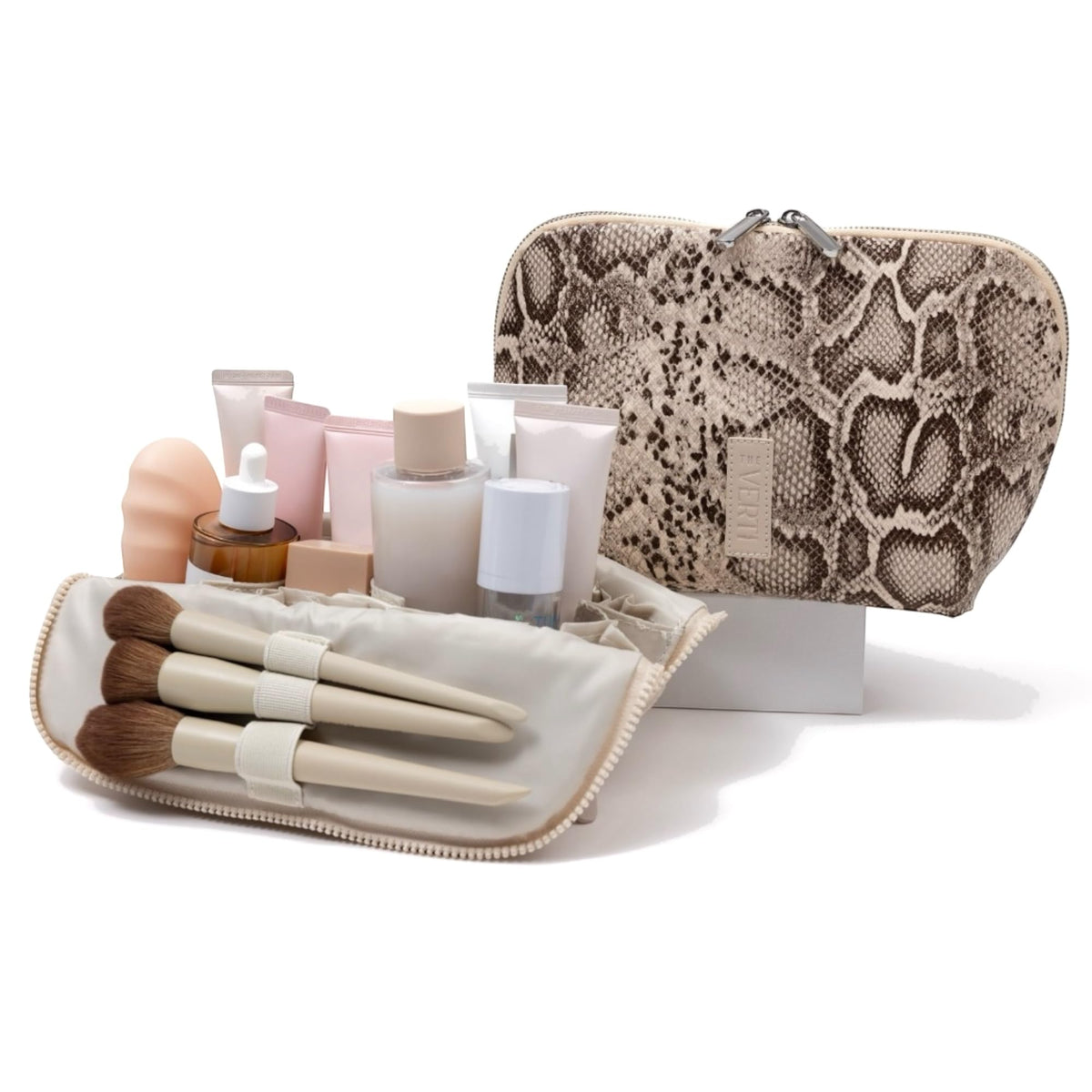 THE VERTI-Vertical Waterproof Makeup & Toiletry Bag | 23-Pocket Organizer with Upright, Fold-Down Design for Skincare, Toiletries & Essentials (Sandstone)