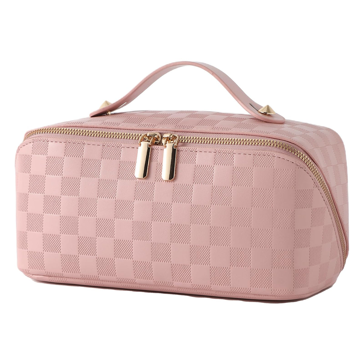 PU Leather Makeup Bag for Women, Structured Makeup Case with Wide Opening, Travel Cosmetic Bag with Compartments and Handle, Water-Resistant Makeup Organizer(Khaki, Lychee Grain)