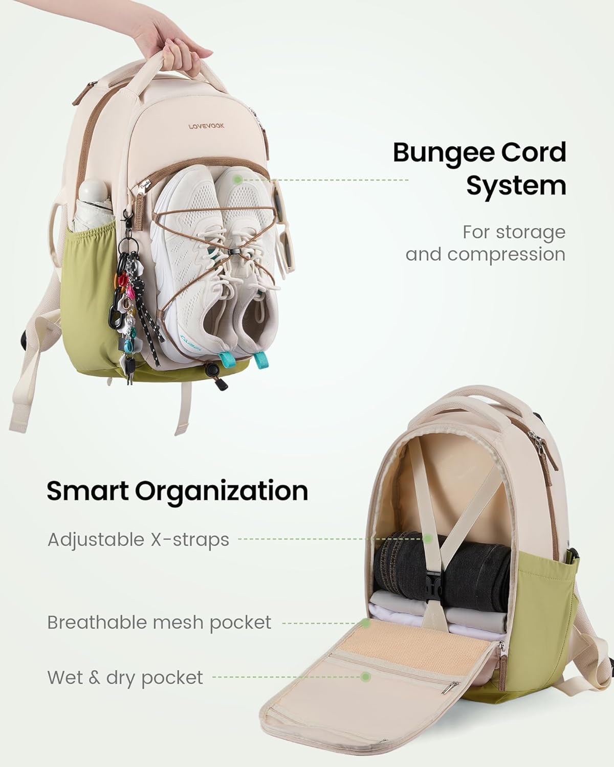 LOVEVOOK Everyday Laptop Backpack for Women & Men With Tumbler Holder,15.6 Inch Classic Travel Work College Teacher Carry on Backpack Purse,Waterproof Computer laptop Bag Hiking Backpack,Beige-Green