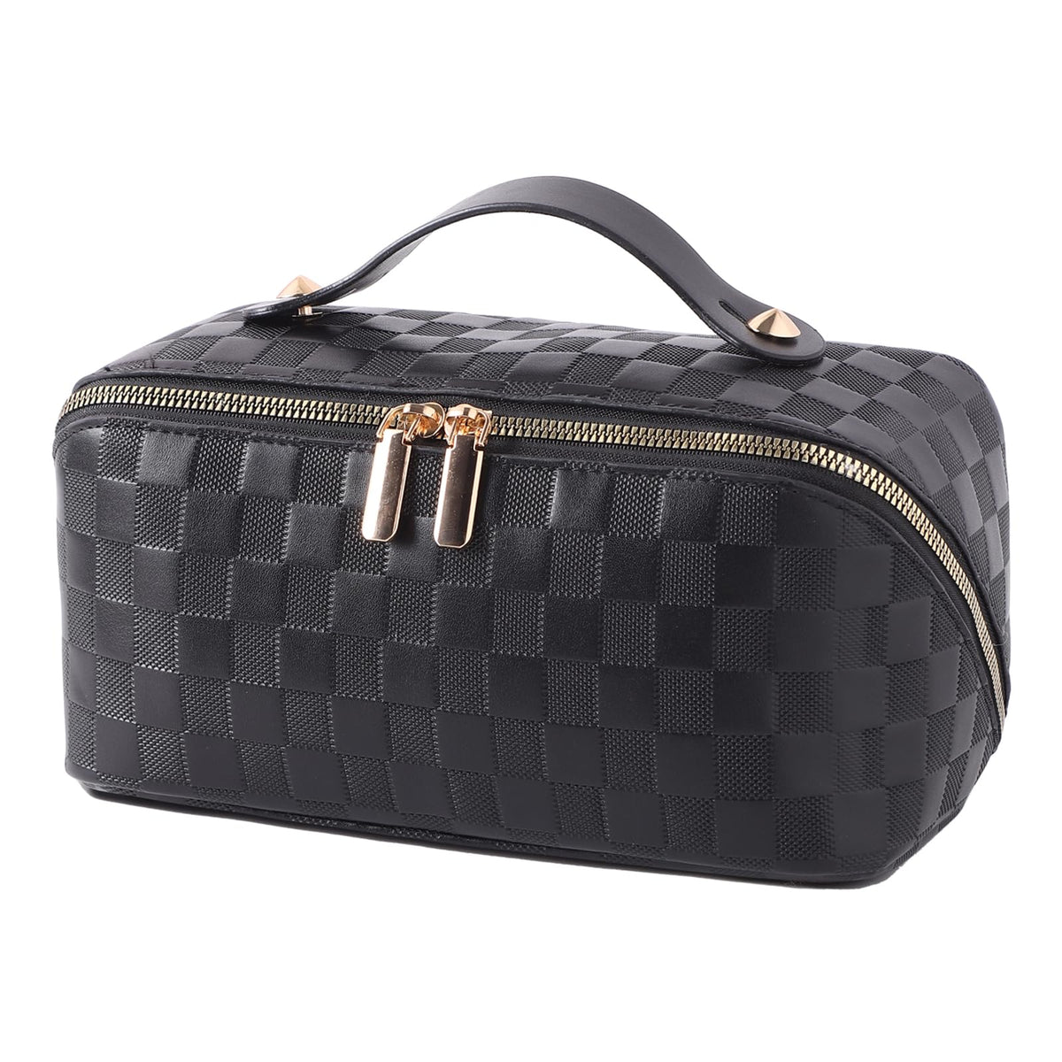 PU Leather Makeup Bag for Women, Structured Makeup Case with Wide Opening, Travel Cosmetic Bag with Compartments and Handle, Water-Resistant Makeup Organizer(Khaki, Lychee Grain)