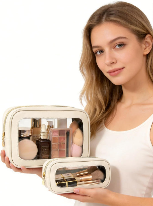 2Pcs Clear Makeup Bags Set, Clear Travel Makeup Brush Holder Leather Makeup Case Toiletry Bag with Zipper Portable Cosmetic Pouch Waterproof Makeup Brush Storage Bag Car Bag for Essentials