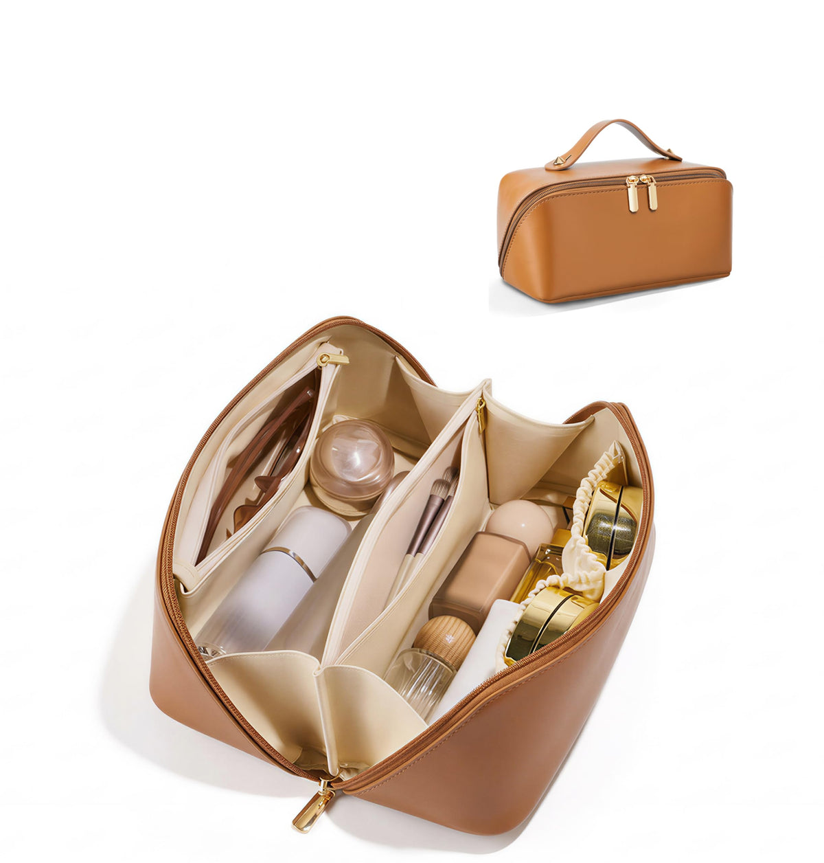 ALEXTINA Travel Makeup Bag, Woven PU Leather Cosmetic Bag, Khaki