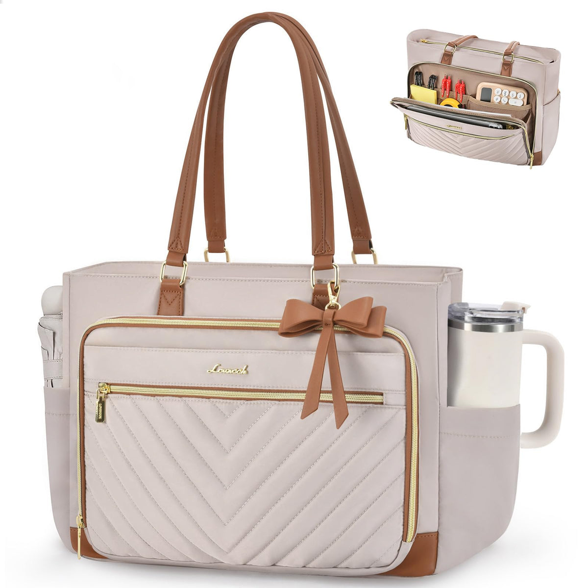 LOVEVOOK Teacher Tote Bag for Women, Work Laptop Bag Gift with Large Cup Holder, Quilted Nurse Bag Diaper Tote with Multi-Pockets, Large Computer Handbag Purse for Bussiness Travel, Office, College