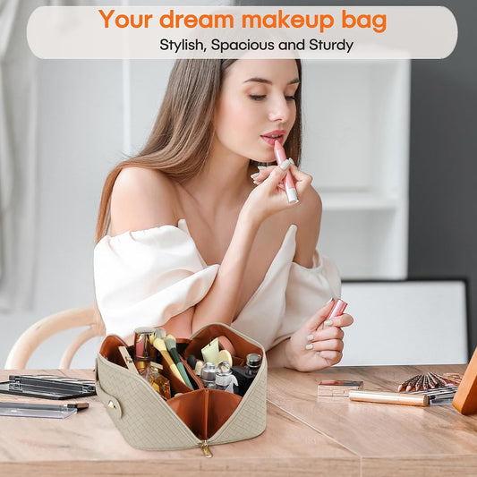ALEXTINA Travel Makeup Bag, Woven PU Leather Cosmetic Bag, Khaki
