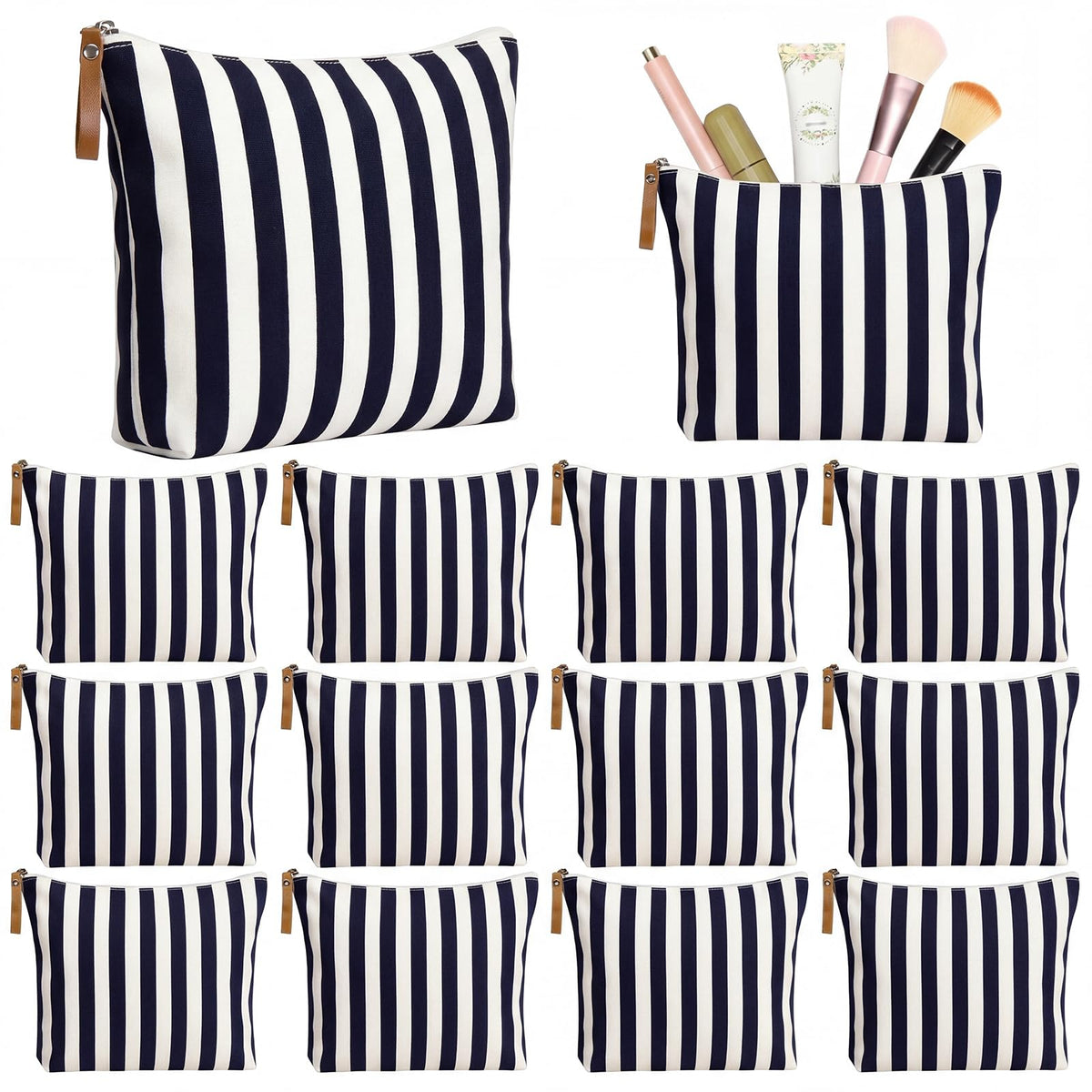 Hillban 12 Pcs Blue Striped Makeup Bags Bulk