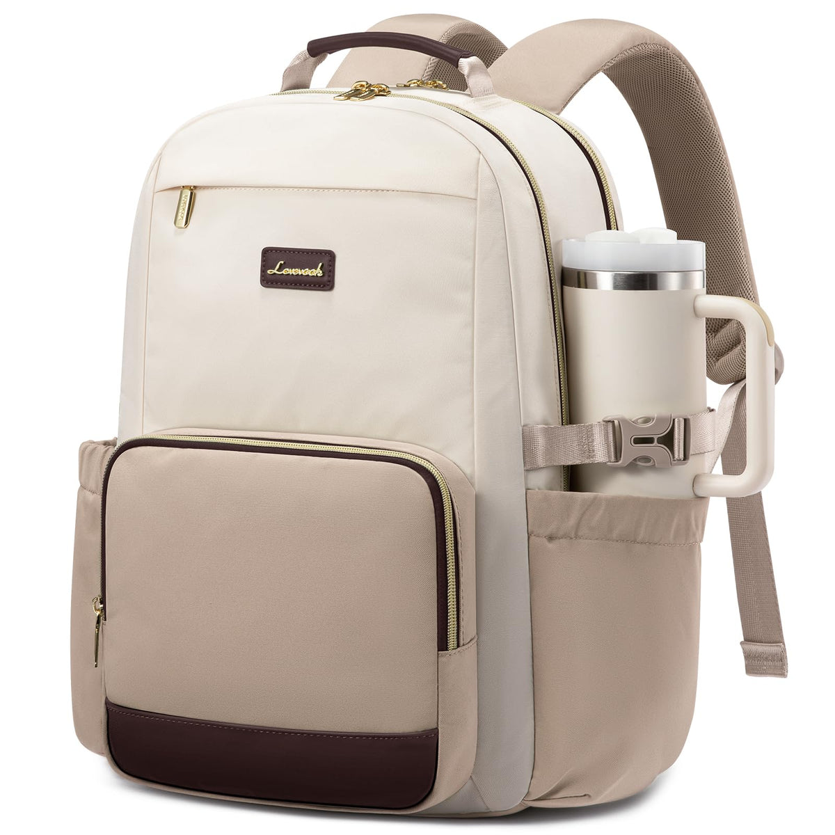 LOVEVOOK Laptop Backpack for Women with Pouch Pocket for Large Capacity Cup,15.6 Inch Laptop Computer Bag Travel Backpack Purse,Waterproof Work Business Backpack College Teacher Bags,Beige-Black-Brown