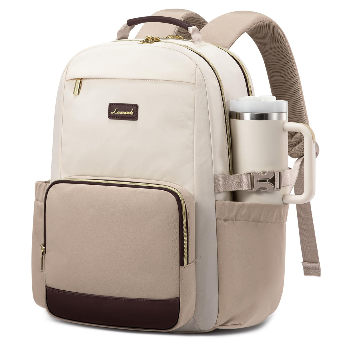 LOVEVOOK Laptop Backpack for Women with Pouch Pocket for Large Capacity Cup,15.6 Inch Laptop Computer Bag Travel Backpack Purse,Waterproof Work Business Backpack College Teacher Bags,Beige-Black-Brown