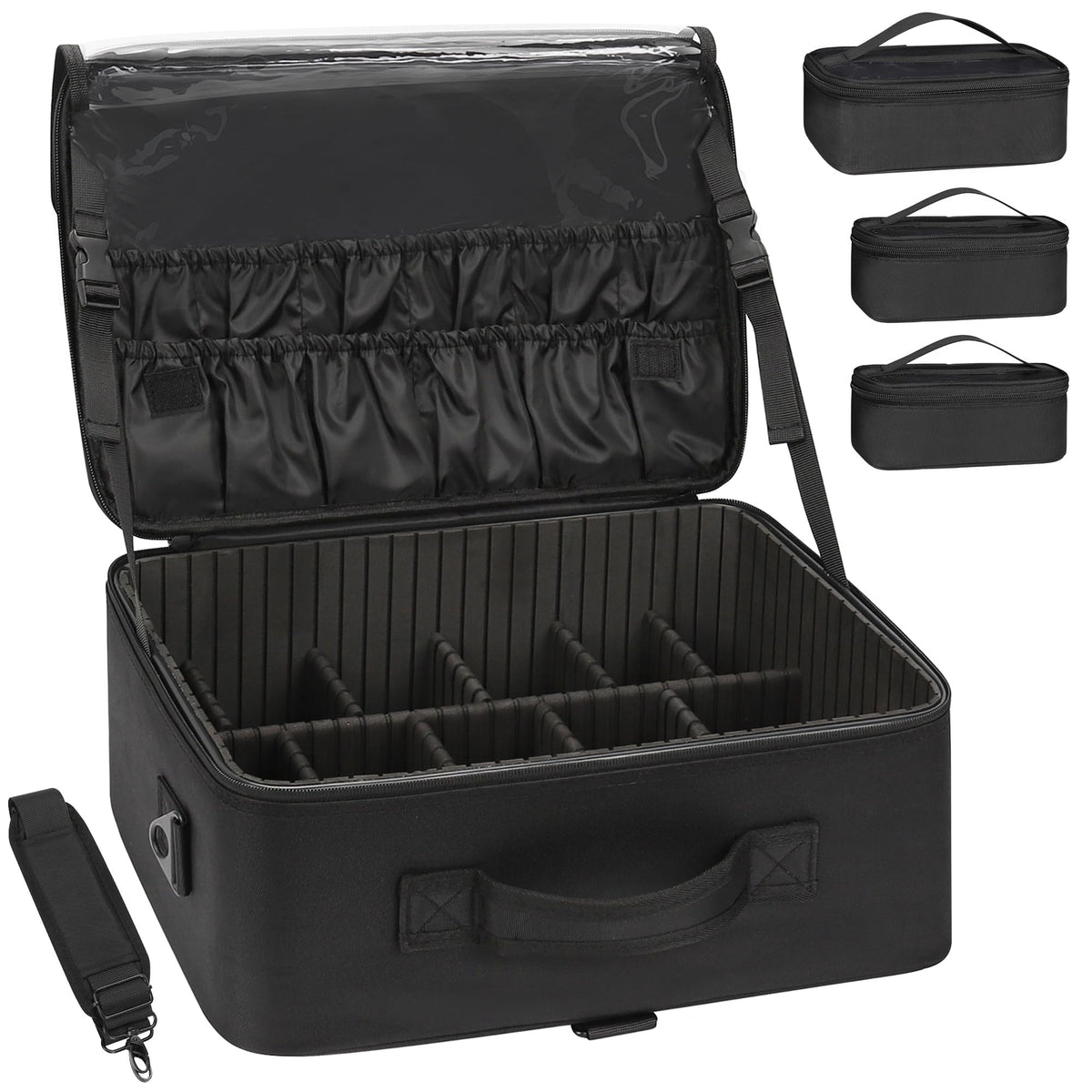Relavel Makeup Bag Travel Makeup Train Case Large Cosmetic Case Professional Portable Makeup Brush Holder Organizer and Storage with Adjustable Dividers and Shoulder Strap Black