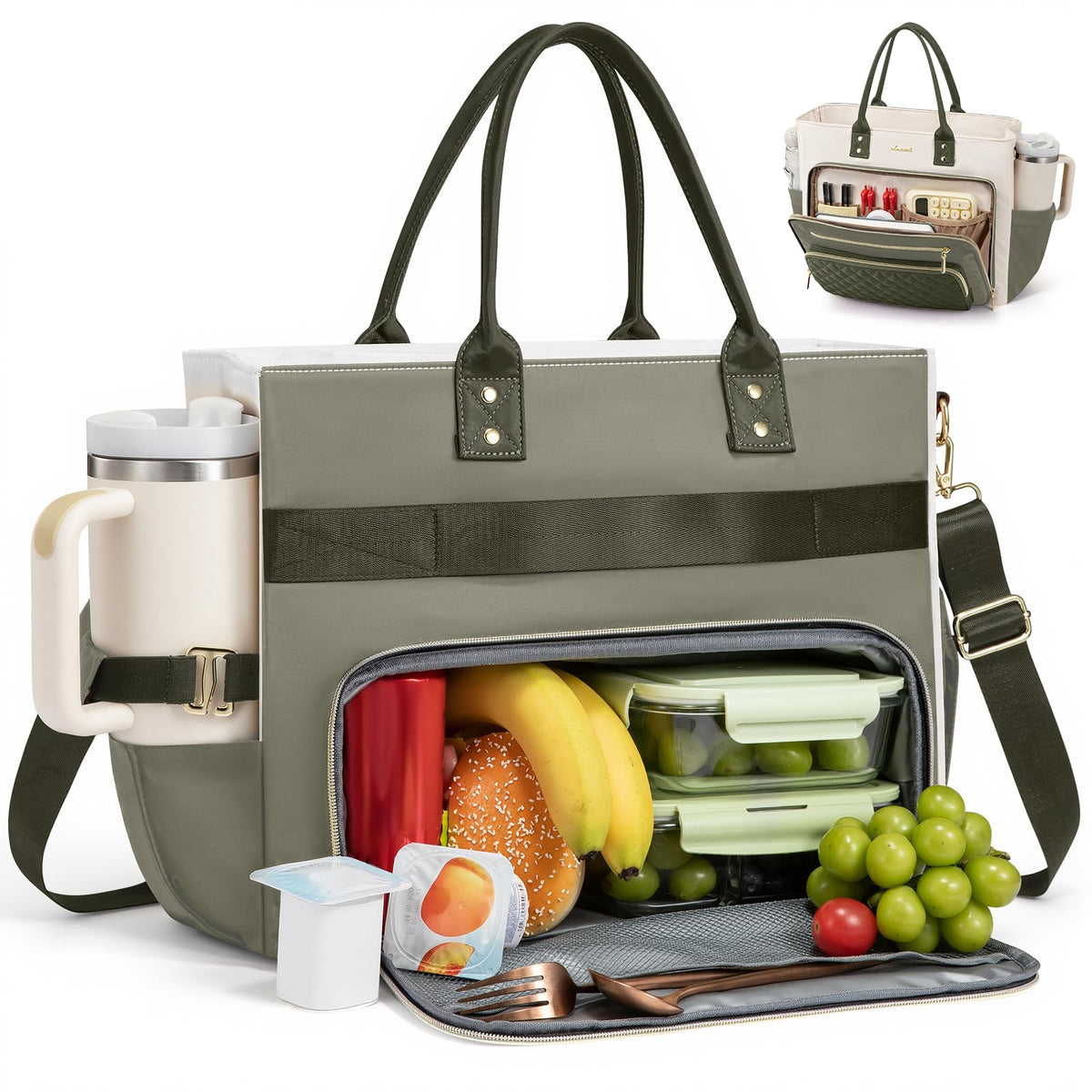 LOVEVOOK Teacher Tote Bag for Women Work, Laptop Bag With Large Cup Holder, Nurse Bags Professional Briefcase Business Computer Purses Bible Handbag Gifts, Black-Beige-Brown, 15.6 Inch