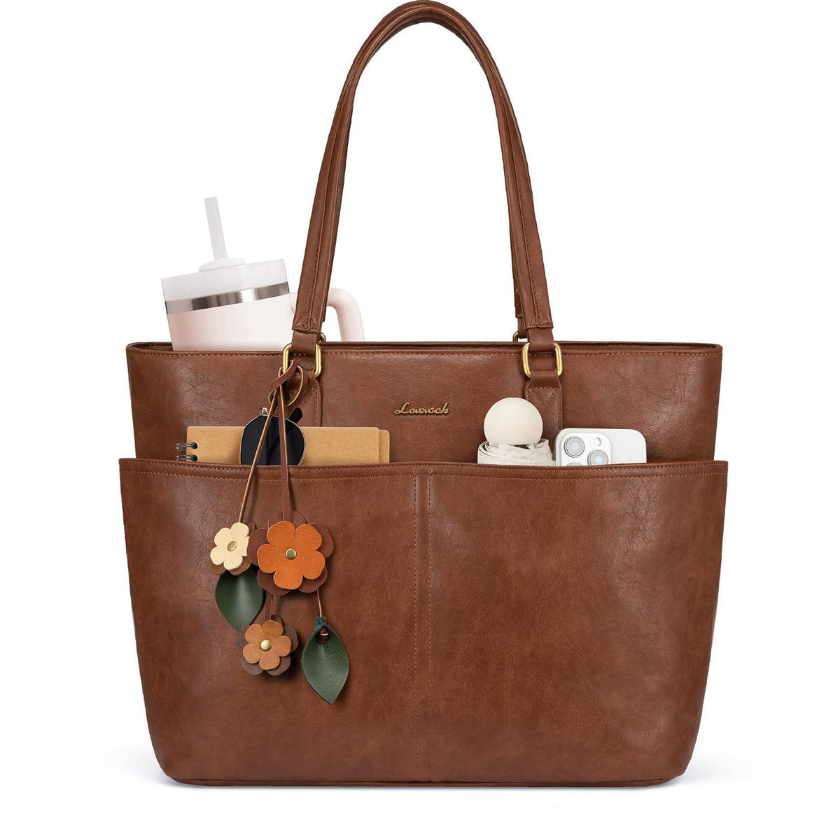 LOVEVOOK Work Tote Bags for Women, Vintage Leather 15.6 Inch Laptop Bag with Large Cup Holder, Teacher Nurse Medical Professional Computer Bag, Office Briefcase Handbag Gift