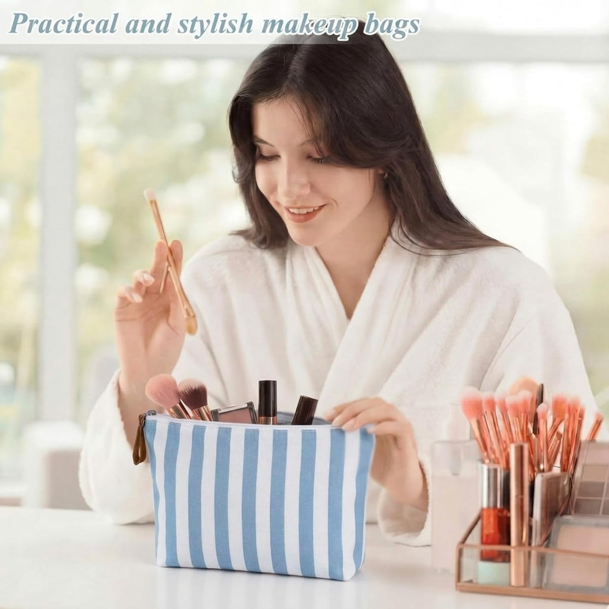 Hillban 12 Pcs Blue Striped Makeup Bags Bulk