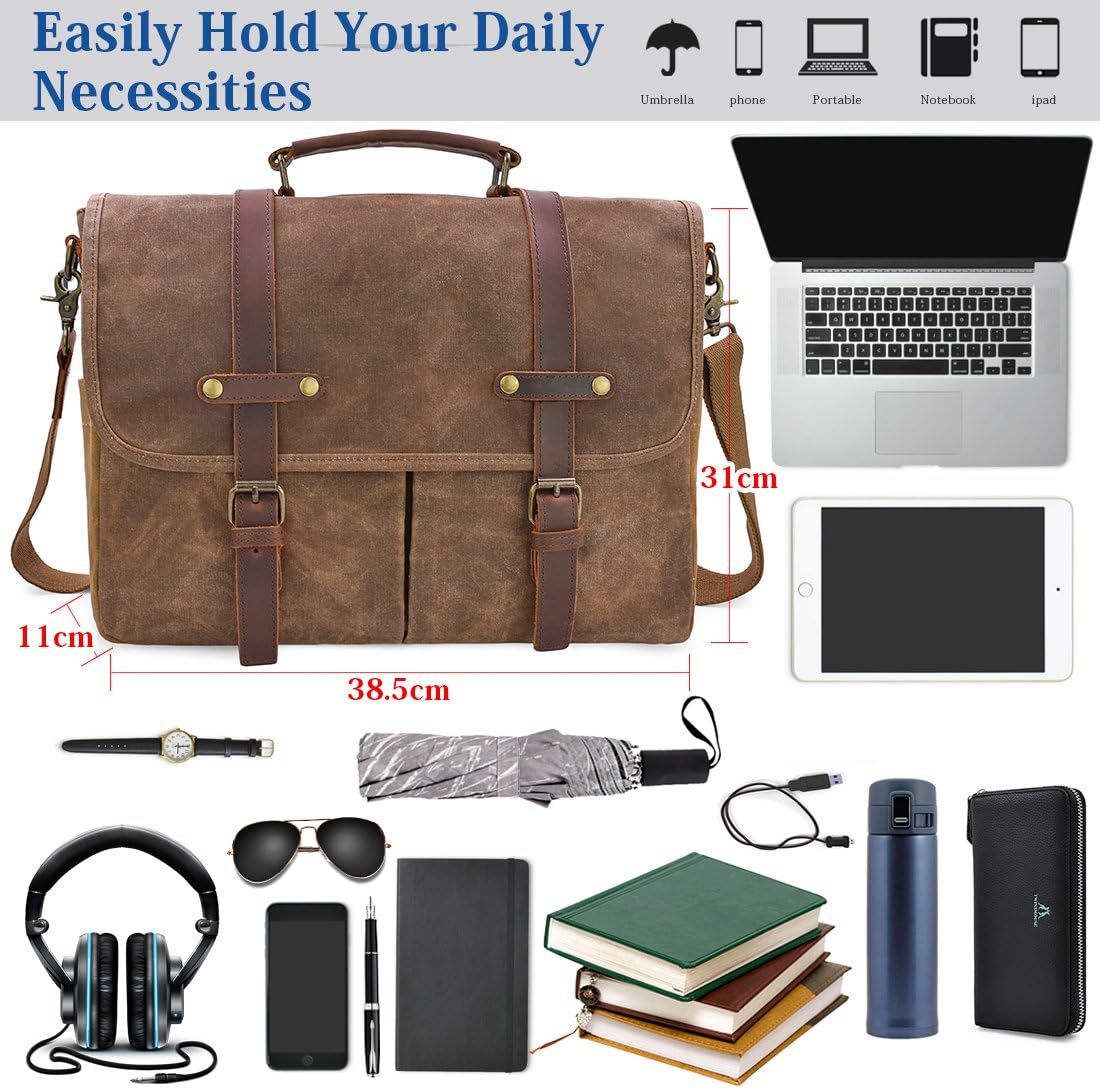 NEWHEY Mens Messenger Bag 15.6 Inch Business Office Work Briefcase Brown