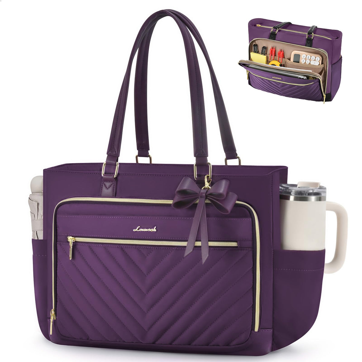 LOVEVOOK Teacher Tote Bag for Women, Work Laptop Bag Gift with Large Cup Holder, Quilted Nurse Bag Diaper Tote with Multi-Pockets, Large Computer Handbag Purse for Bussiness Travel, Office, College