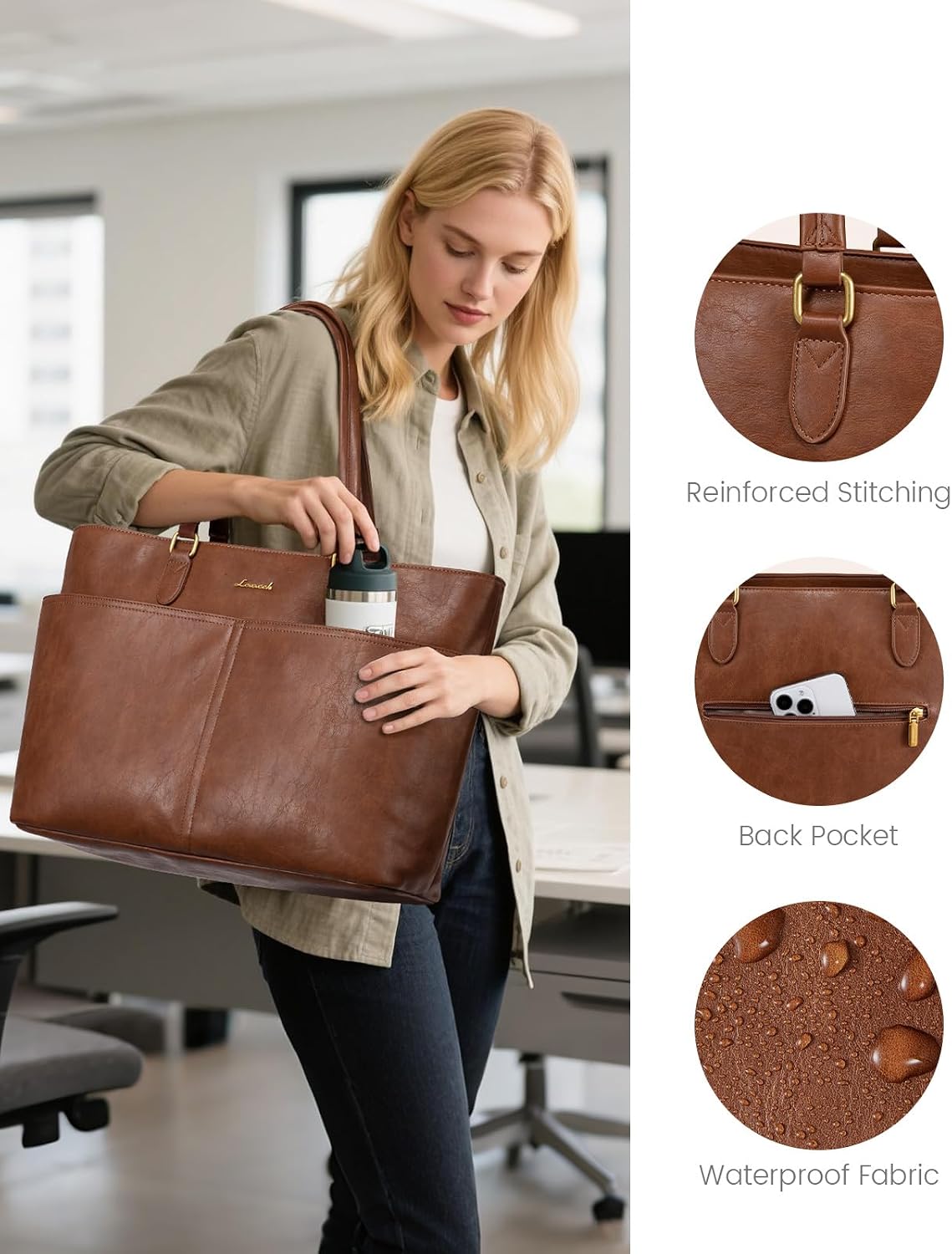 LOVEVOOK Work Tote Bags for Women, Vintage Leather 15.6 Inch Laptop Bag with Large Cup Holder, Teacher Nurse Medical Professional Computer Bag, Office Briefcase Handbag Gift