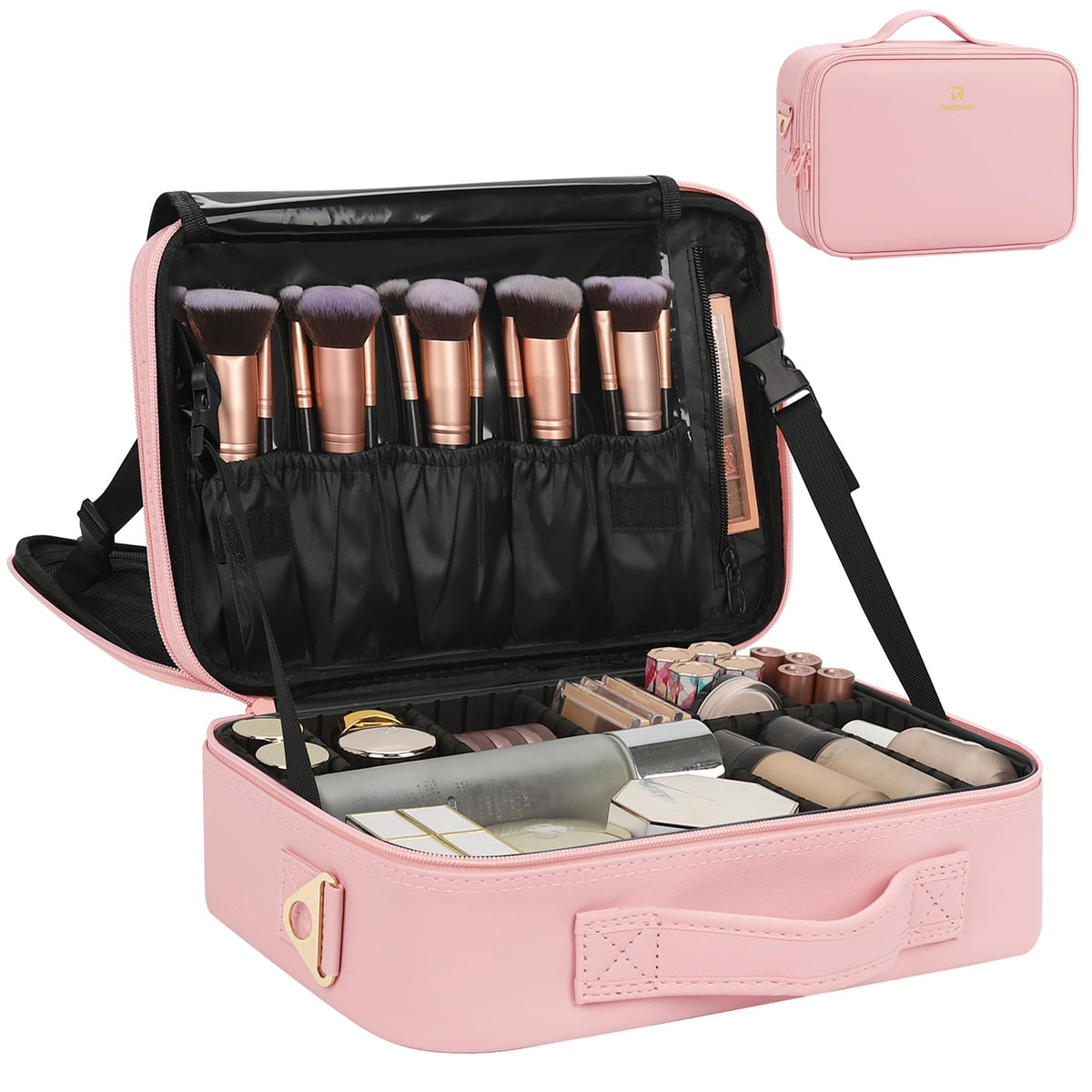 Relavel Extra Large Makeup Case, Makeup Artist Set Bag Professional Cosmetic Organizer Bag Storage Box with Makeup Brush Holder, Adjustable Dividers and Shoulder Strap, Black