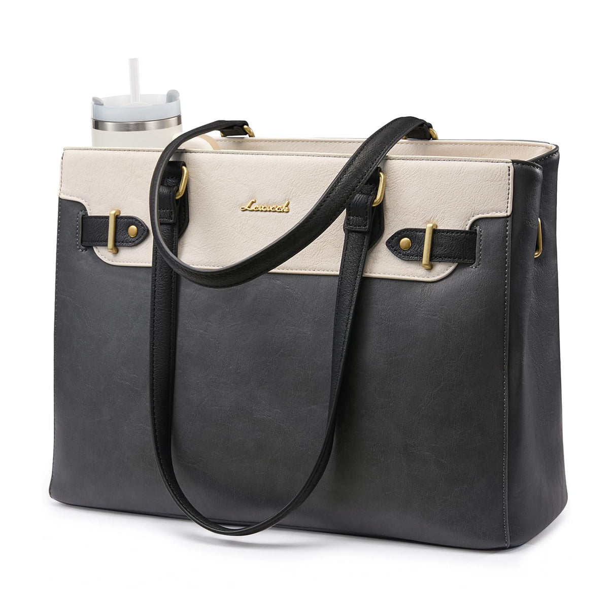 LOVEVOOK Laptop Tote Bag for Women Work, Teacher Tote Bag with Large Cup Holder, Waterproof Leather Computer Bag