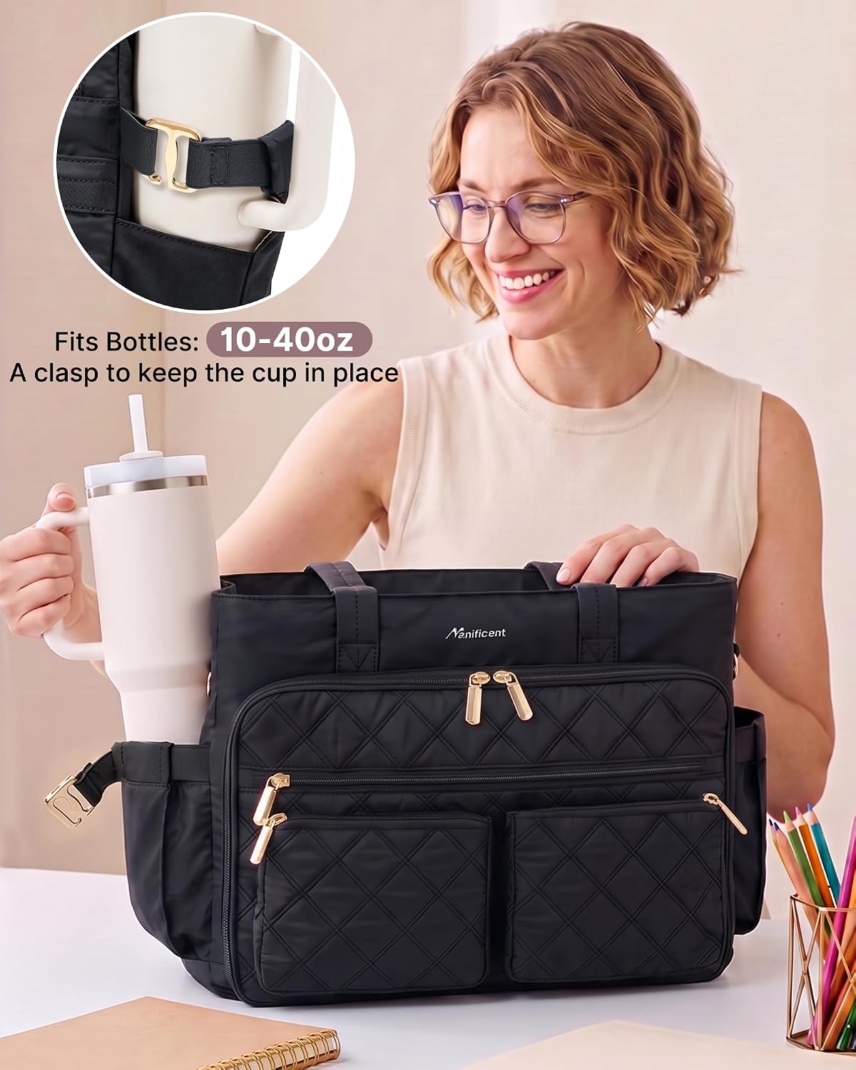 Teacher Tote Bag for Women, 15.6 Inch Laptop Bag with 40 oz Cup Holder