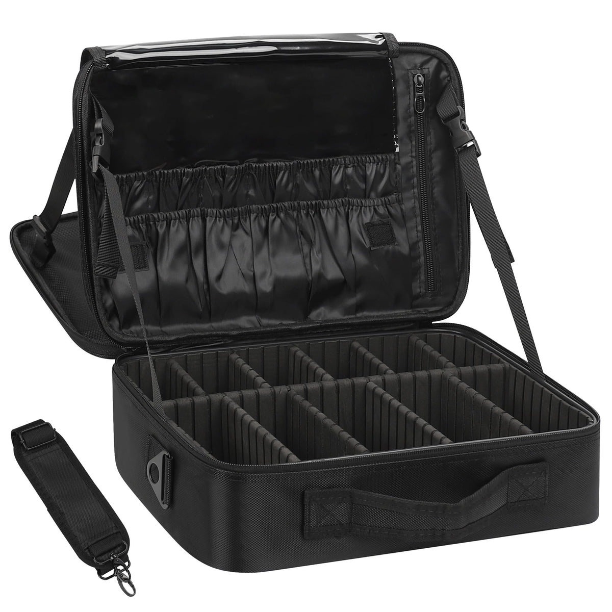 Relavel Makeup Bag Travel Makeup Train Case Large Cosmetic Case Professional Portable Makeup Brush Holder Organizer and Storage with Adjustable Dividers and Shoulder Strap Black