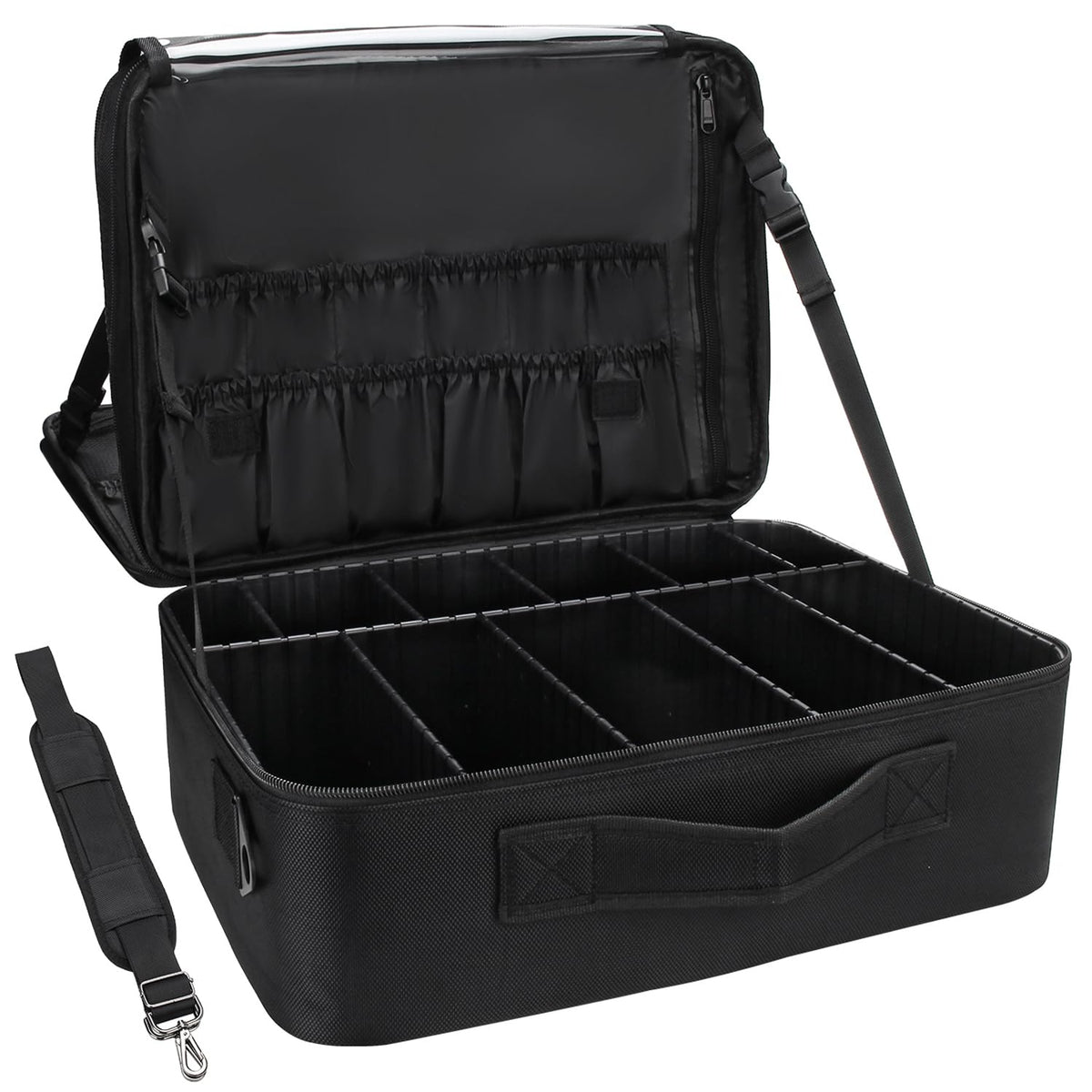 Relavel Extra Large Makeup Case, Makeup Artist Set Bag Professional Cosmetic Organizer Bag Storage Box with Makeup Brush Holder, Adjustable Dividers and Shoulder Strap, Black