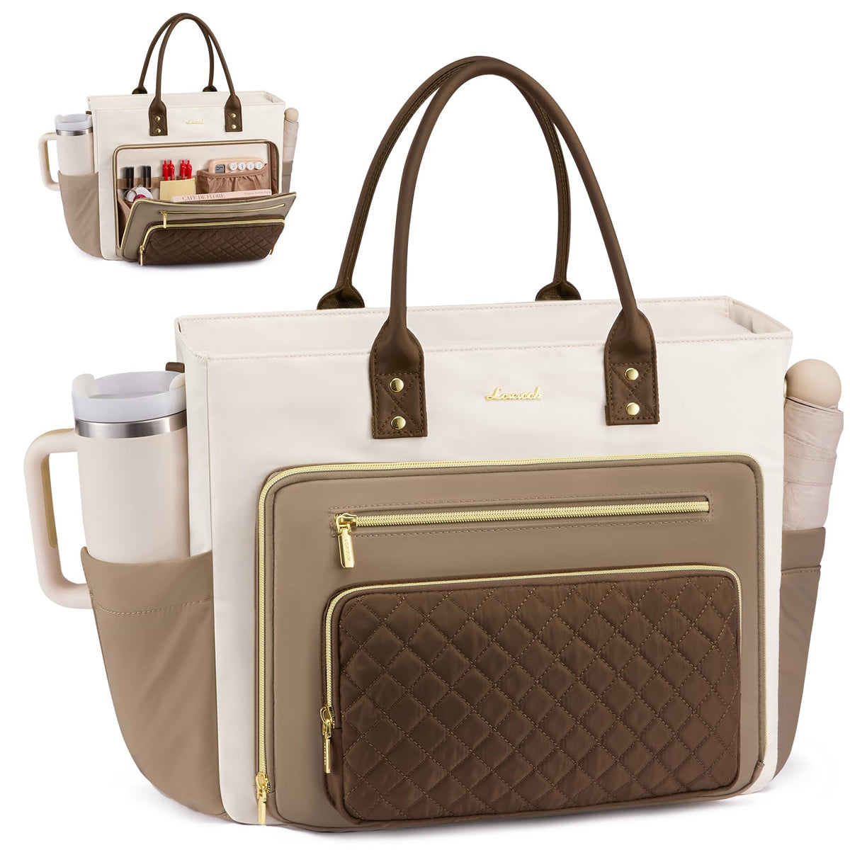 LOVEVOOK Teacher Tote Bag for Women Work, Laptop Bag With Large Cup Holder, Nurse Bags Professional Briefcase Business Computer Purses Bible Handbag Gifts, Black-Beige-Brown, 15.6 Inch