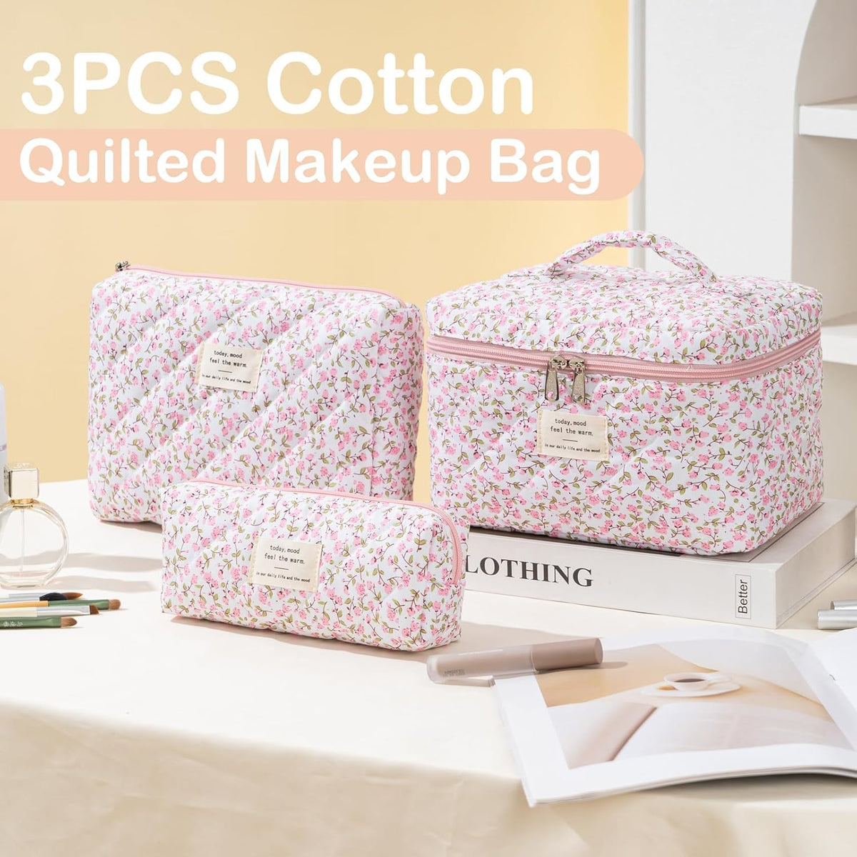 Makeup Bag for Women 3PCS Quilted Cotton Make Up Bag Travel Cosmetic Bag Large Makeup Bag Set Cute Makeups Organizer Floral Toiletry Pouch for Purse, Pink Floral D