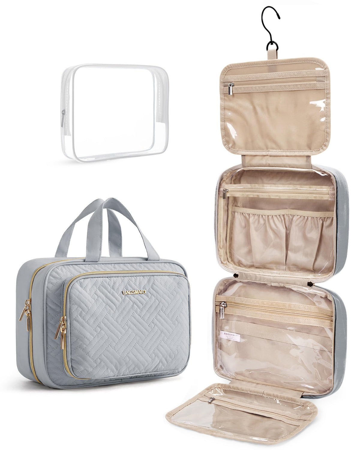 BAGSMART Toiletry Bag Hanging Travel Makeup Organizer with TSA Approved Transparent Cosmetic Bag Makeup Bag for Full Sized Toiletries, Medium-Black