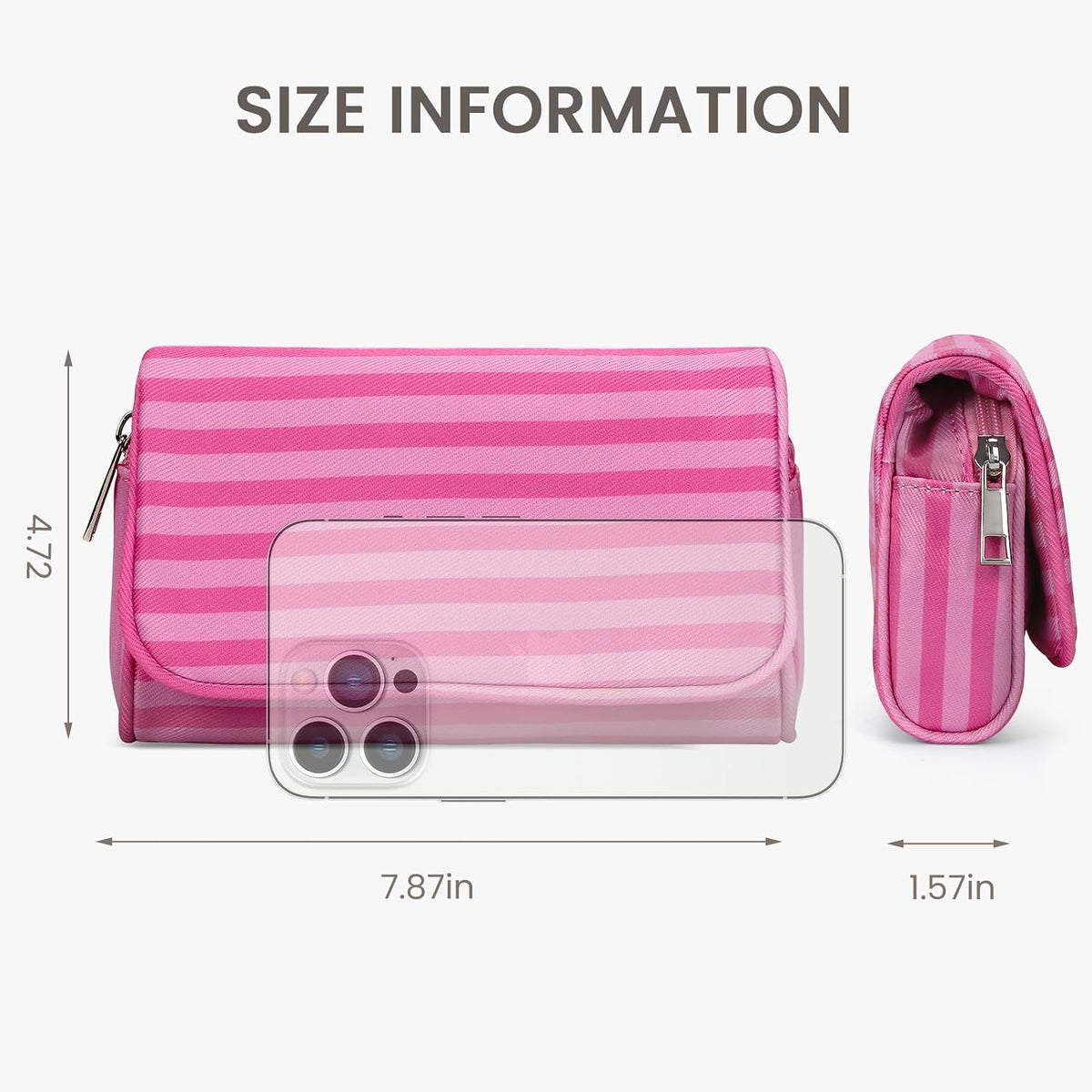 Women’s Cute Nylon Makeup Bag with Built-in Mirror, Protable Lightweight Cosmetic Bag, Trendy Toiletry Bag for Travel (Pink Stripe)