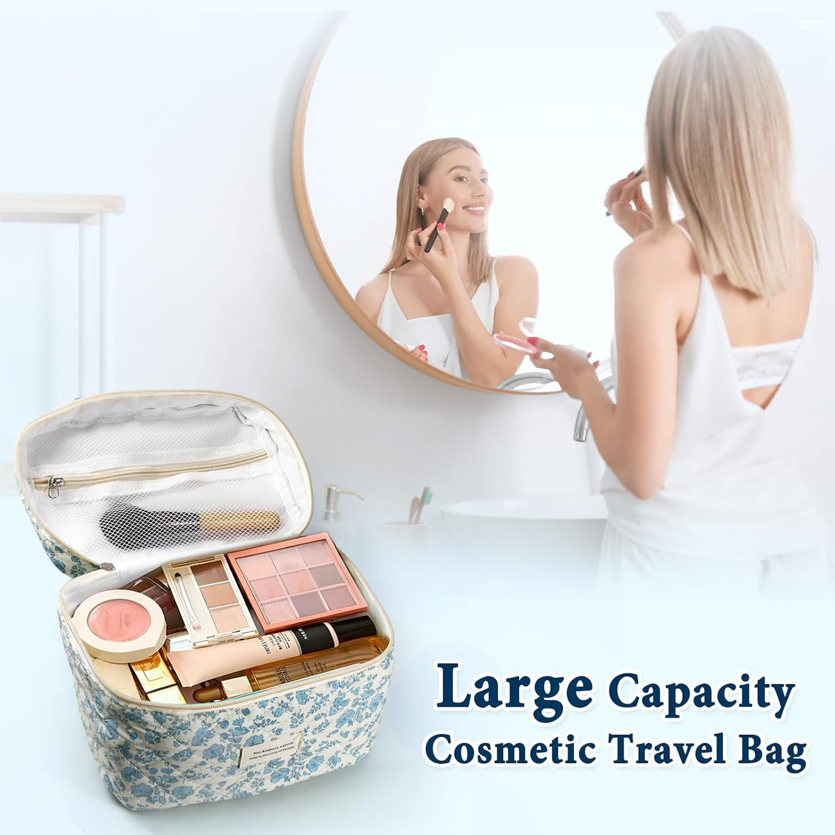 NATINSA Cute Makeup Bag for Women(2 Pcs), Travel Cosmetic Bags, Quilted Coquette Aesthetic Floral Toiletry Organizer Bag (46 - Sky Blue/4Pcs)