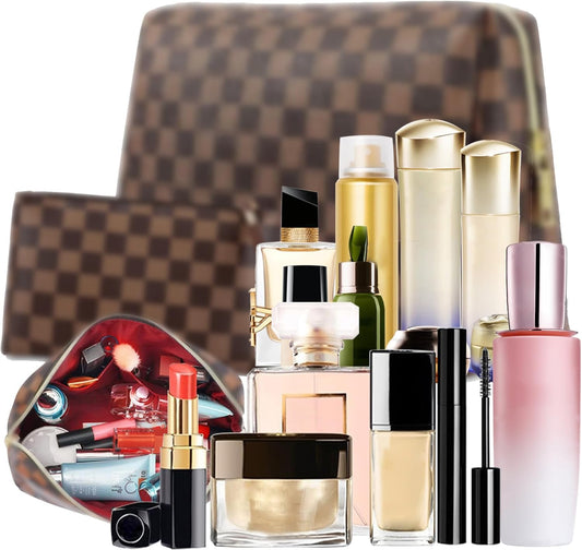BAGCRAZY Checkered Makeup Bag 2 Pack, Waterproof PU Leather Travel Cosmetic Organizer Set for Women, Portable Toiletry Pouch for Purse & Weekend Getaways