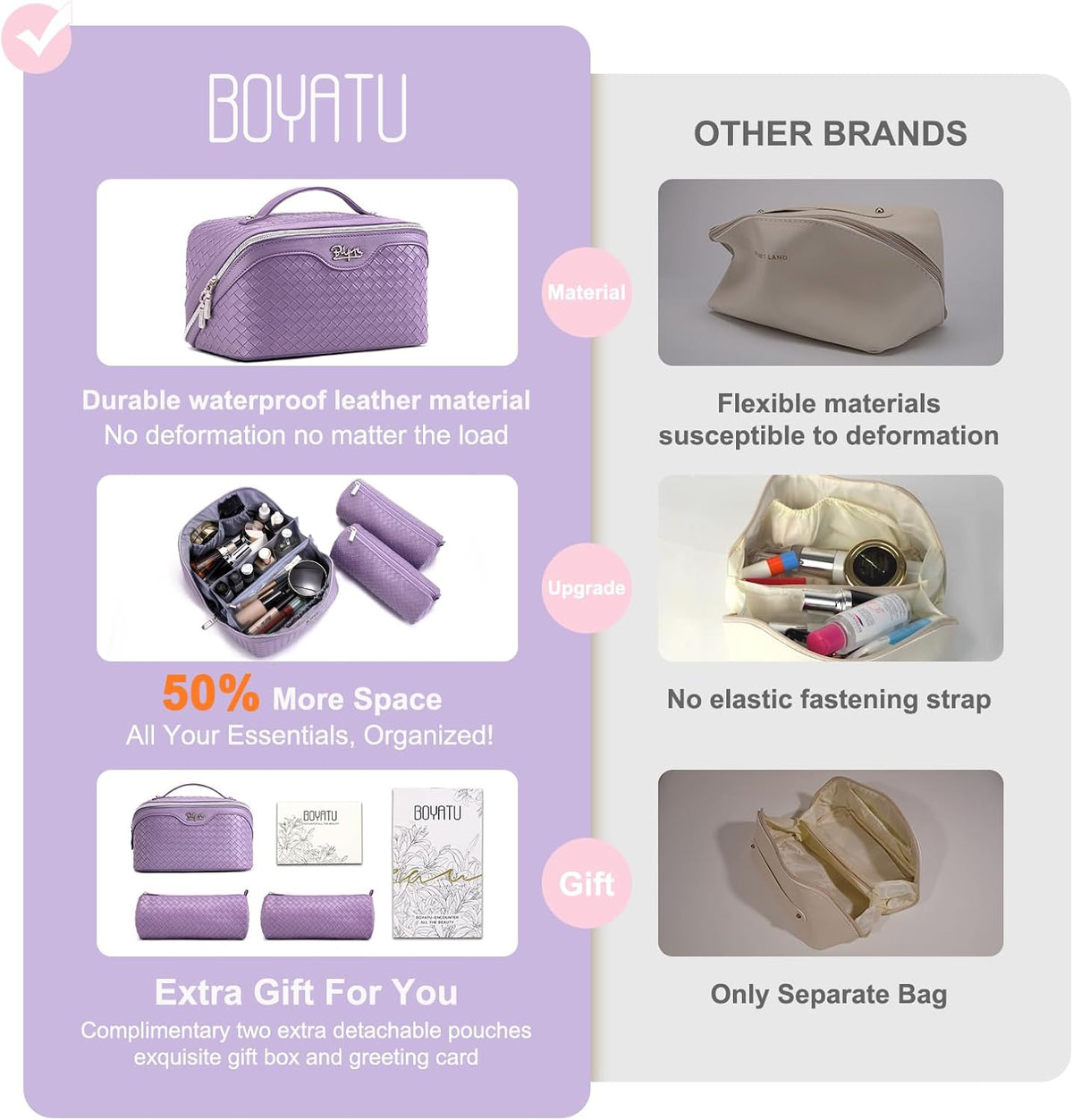 BOYATU Travel Makeup Bag Cosmetic Bags for Women: 3 Pcs Set Make up Bag