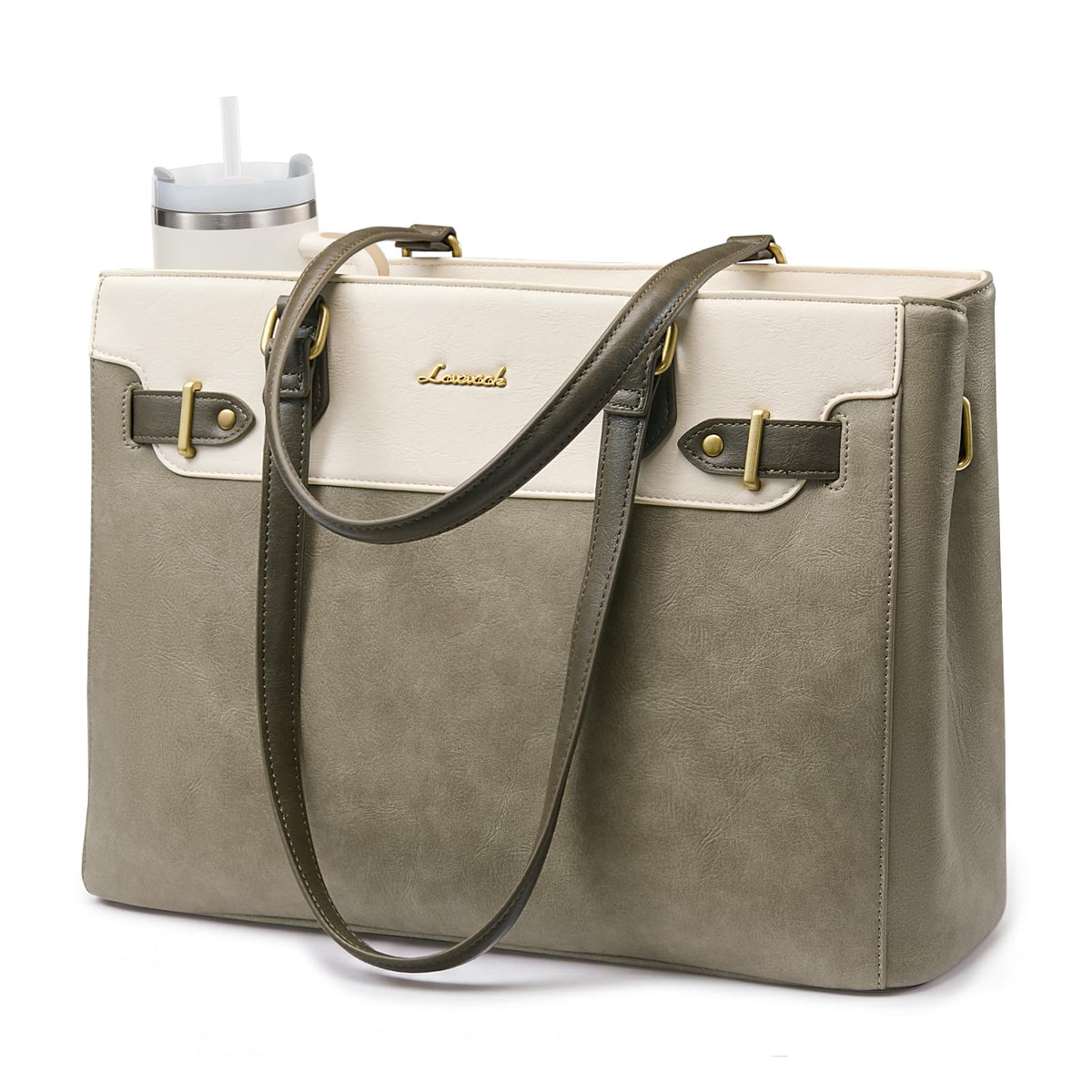 LOVEVOOK Laptop Tote Bag for Women Work, Teacher Tote Bag with Large Cup Holder, Waterproof Leather Computer Bag