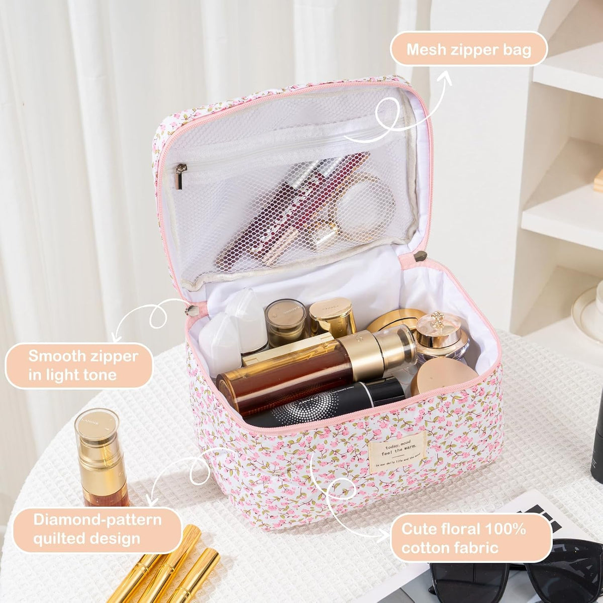 Makeup Bag for Women 3PCS Quilted Cotton Make Up Bag Travel Cosmetic Bag Large Makeup Bag Set Cute Makeups Organizer Floral Toiletry Pouch for Purse, Pink Floral D