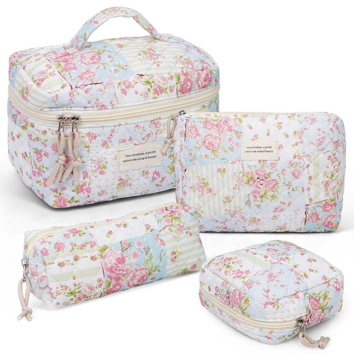 VIWIME Makeup Cosmetic Bag, Large Cotton Quilted Travel Coquette Aesthetic Cute Floral Make up Bag for Women Toiletry Bag Organizer (203- Blue Rose / 4Pcs)