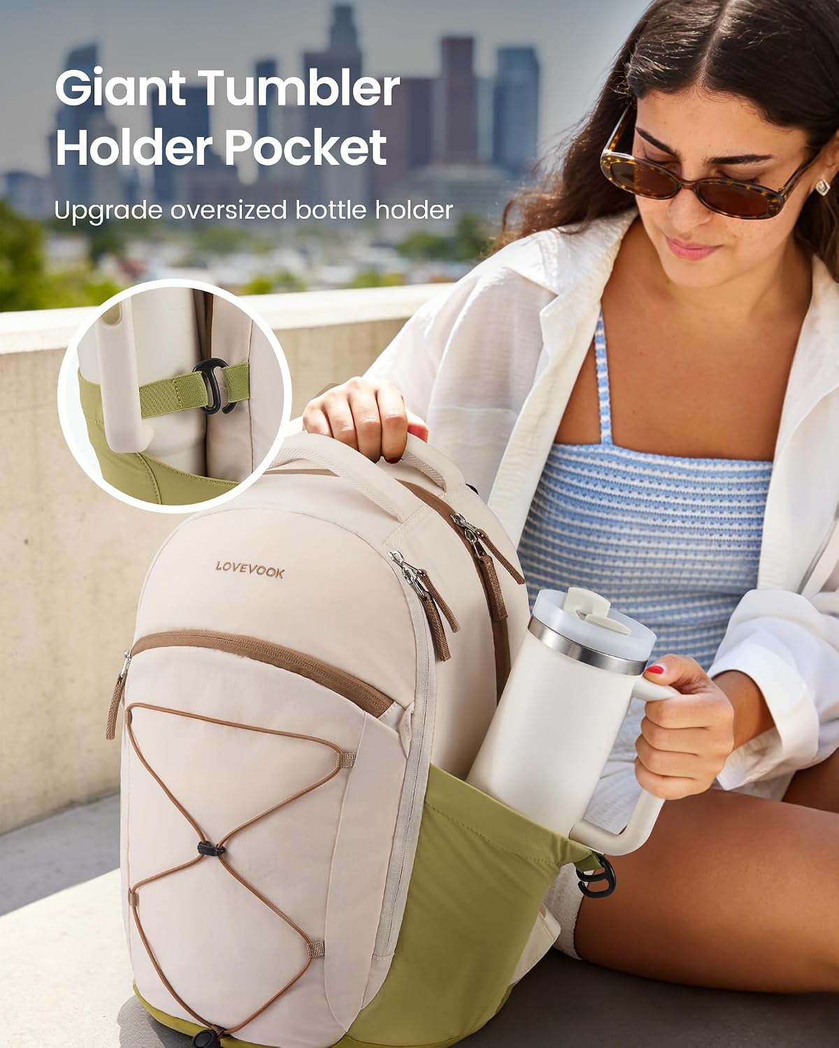 LOVEVOOK Everyday Laptop Backpack for Women & Men With Tumbler Holder,15.6 Inch Classic Travel Work College Teacher Carry on Backpack Purse,Waterproof Computer laptop Bag Hiking Backpack,Beige-Green
