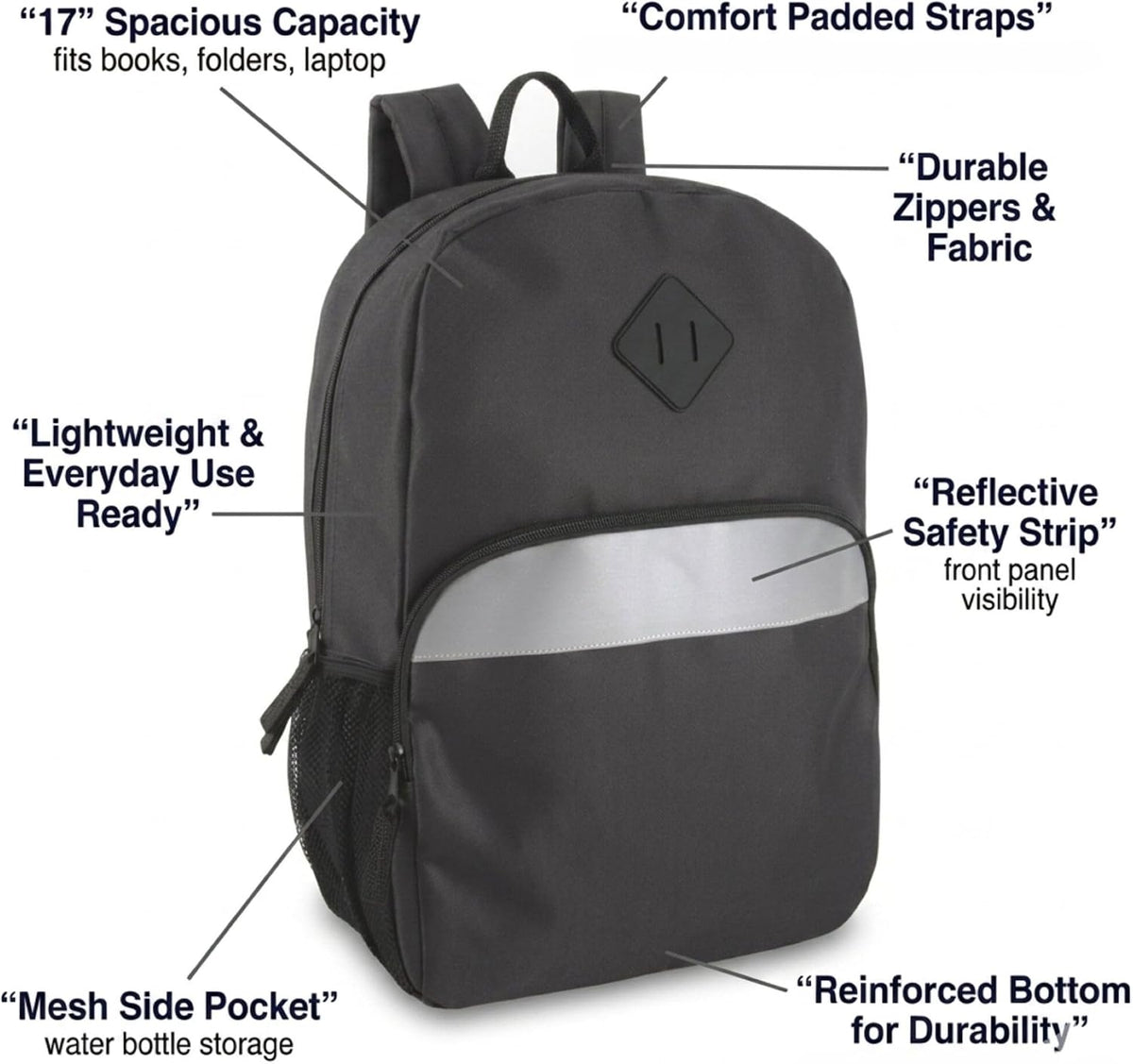 Trail maker 17" Backpack – Reflective School Backpack with Padded Straps, Water Bottle Pockets for Kids & Adults, School Travel Camp (Black)
