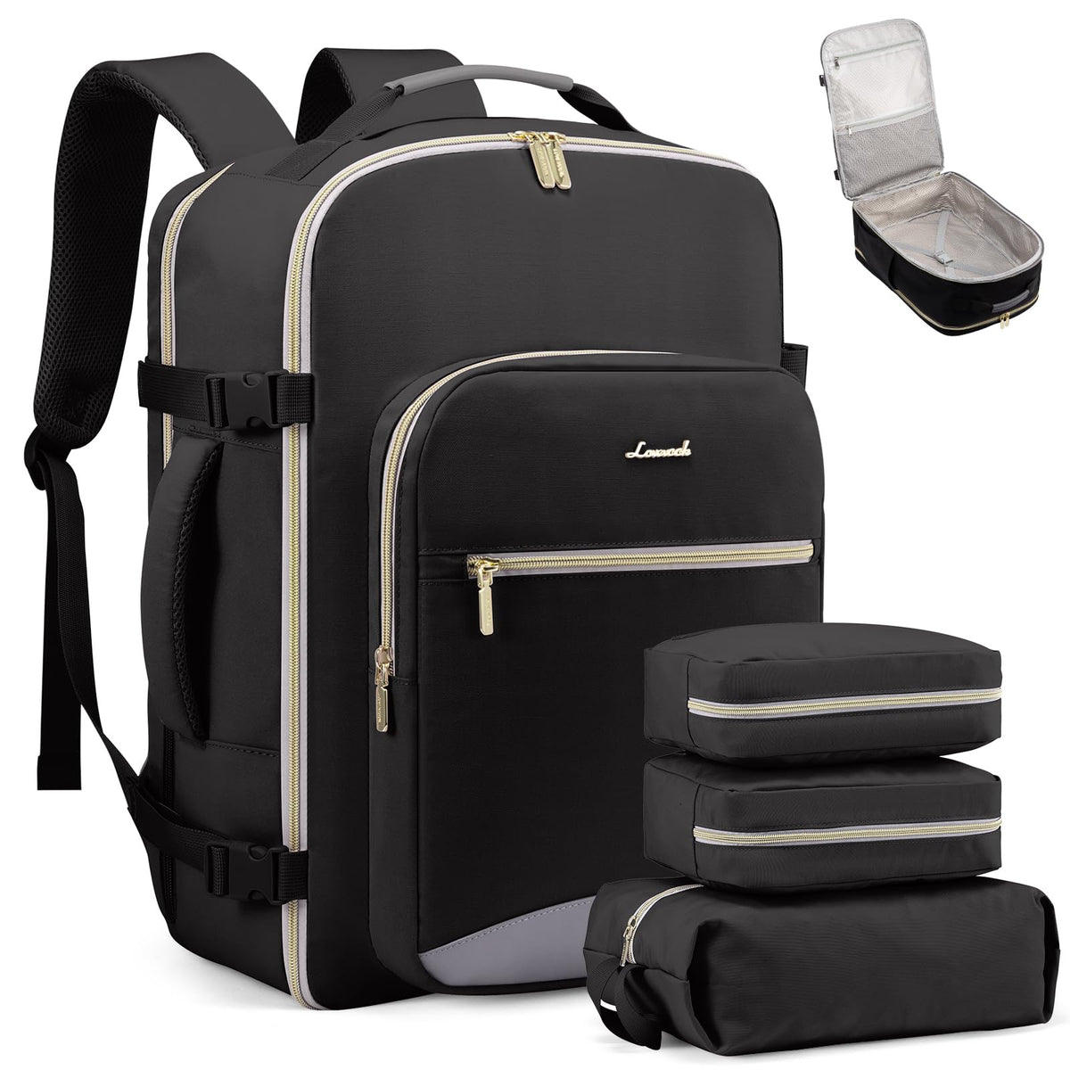 LOVEVOOK 40L Travel Backpack Flight Approved Carry on Backpack,3 Packing Cubes,Waterproof Personal Item Travel Bag,TSA Carry on Luggage Suitcase Travel Essentials,Gifts for Women & Men,fits 17" Laptop