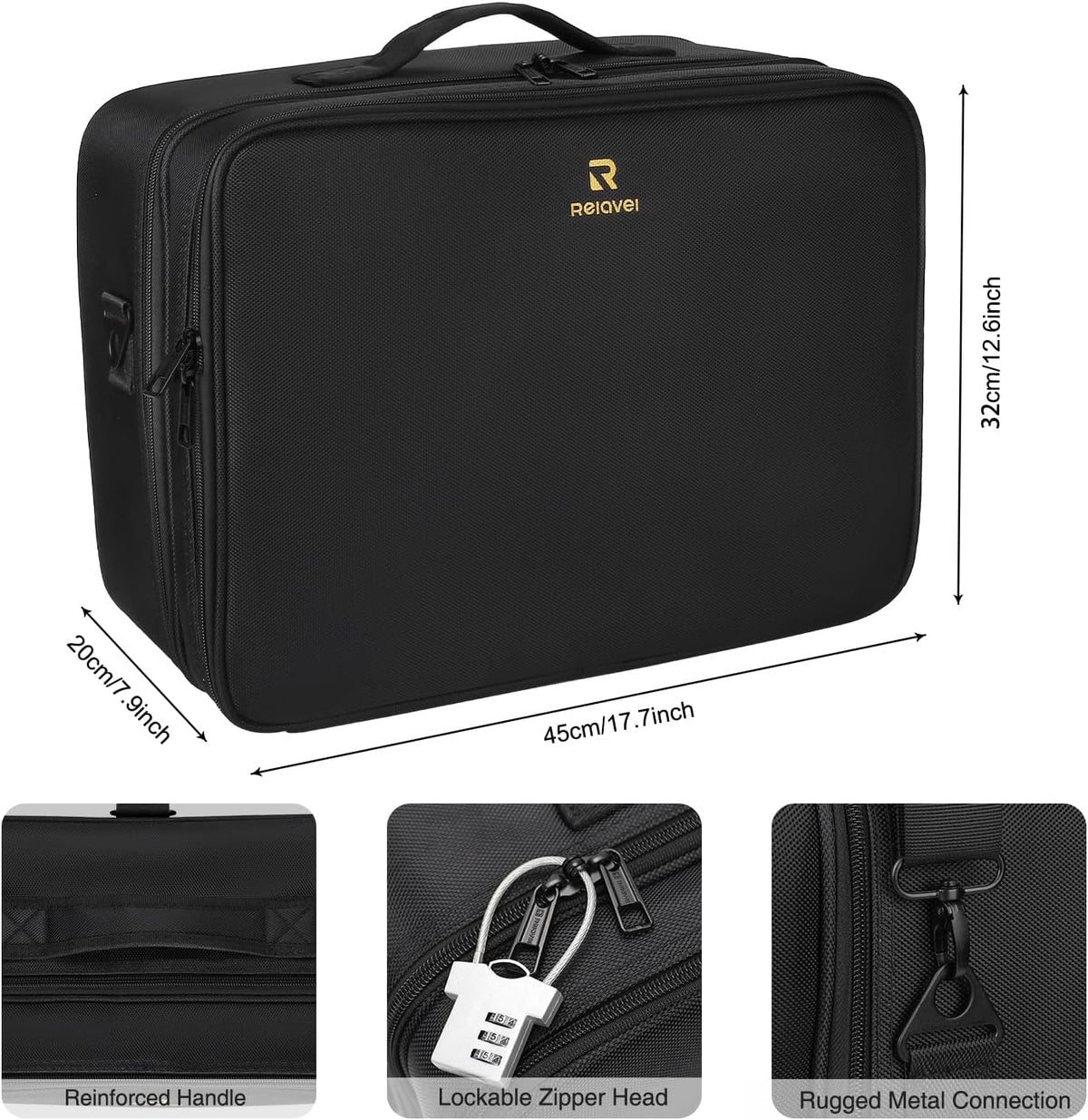 Relavel Extra Large Makeup Case, Makeup Artist Set Bag Professional Cosmetic Organizer Bag Storage Box with Makeup Brush Holder, Adjustable Dividers and Shoulder Strap, Black