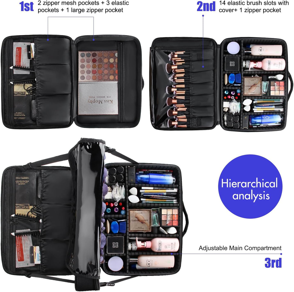 Relavel Extra Large Makeup Case, Makeup Artist Set Bag Professional Cosmetic Organizer Bag Storage Box with Makeup Brush Holder, Adjustable Dividers and Shoulder Strap, Black