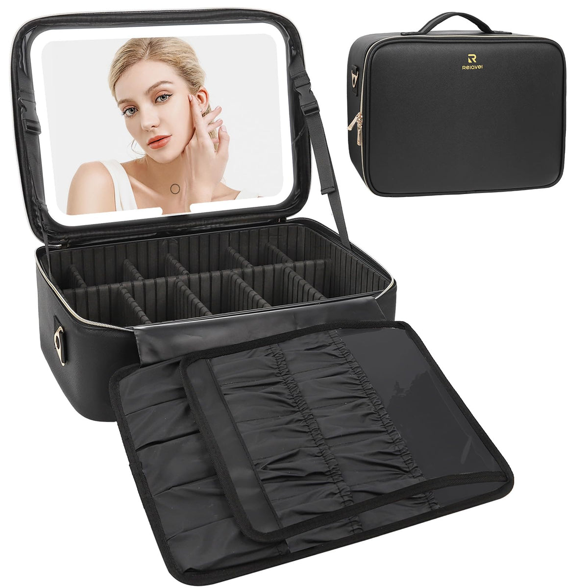 Relavel Makeup Bag Travel Makeup Train Case Large Cosmetic Case Professional Portable Makeup Brush Holder Organizer and Storage with Adjustable Dividers and Shoulder Strap Black