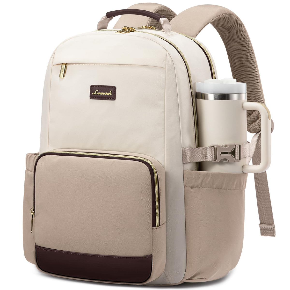 LOVEVOOK Laptop Backpack for Women with Pouch Pocket for Large Capacity Cup,15.6 Inch Laptop Computer Bag Travel Backpack Purse,Waterproof Work Business Backpack College Teacher Bags,Beige-Black-Brown